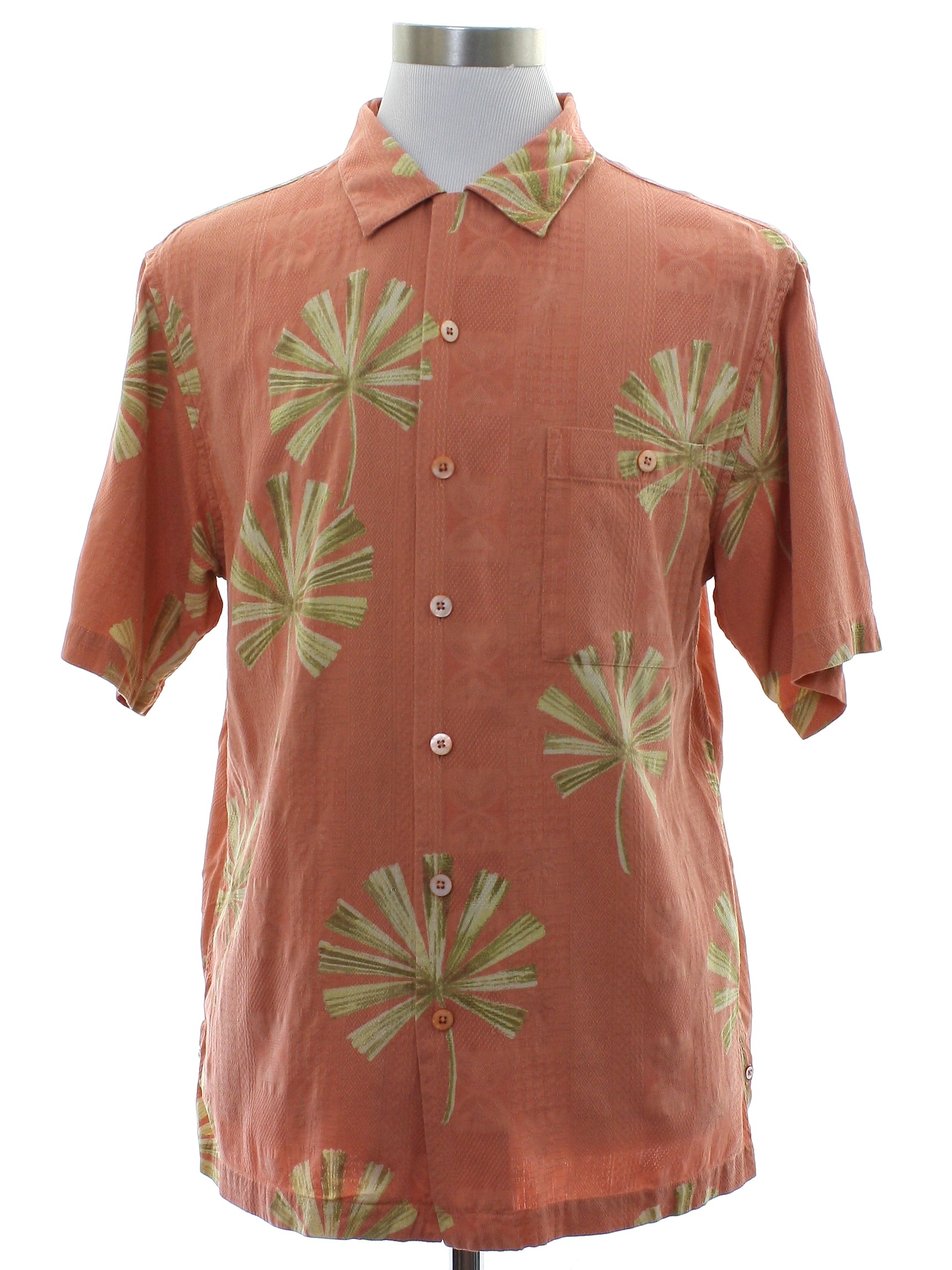 Hawaiian Shirt: 90s -Luau- Mens coral background silk short sleeve ...