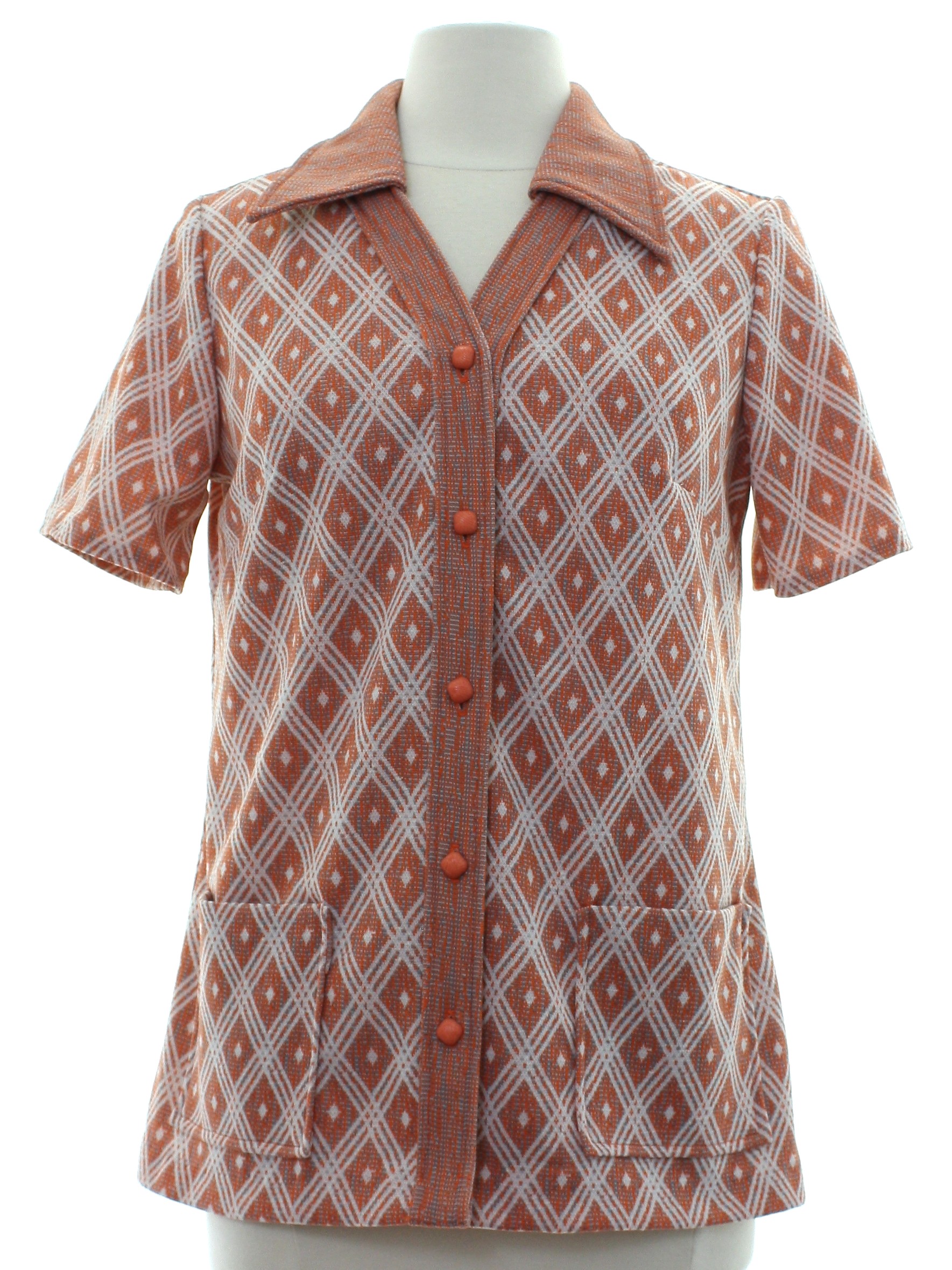 Vintage Union Label 1970s Shirt: 70s -Union Label- Womens white, grey and orange polyester knit ...