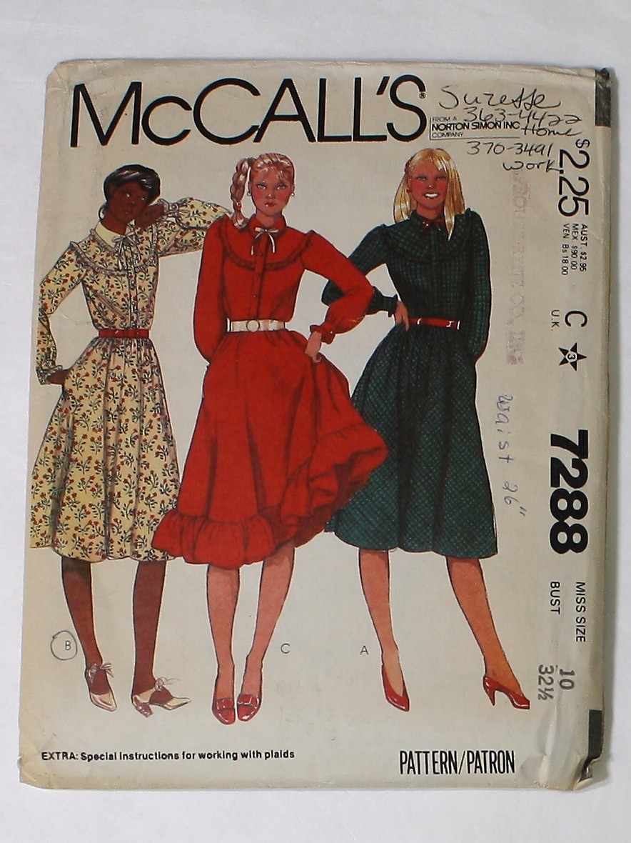 1980s McCalls Pattern No. 7288 Sewing Pattern: 80s -McCalls Pattern No.  7288- Pullover dress has bias yokes, buttoned front bands, pointed collar,  flared bias skirt with pockets in side seams, elastic in