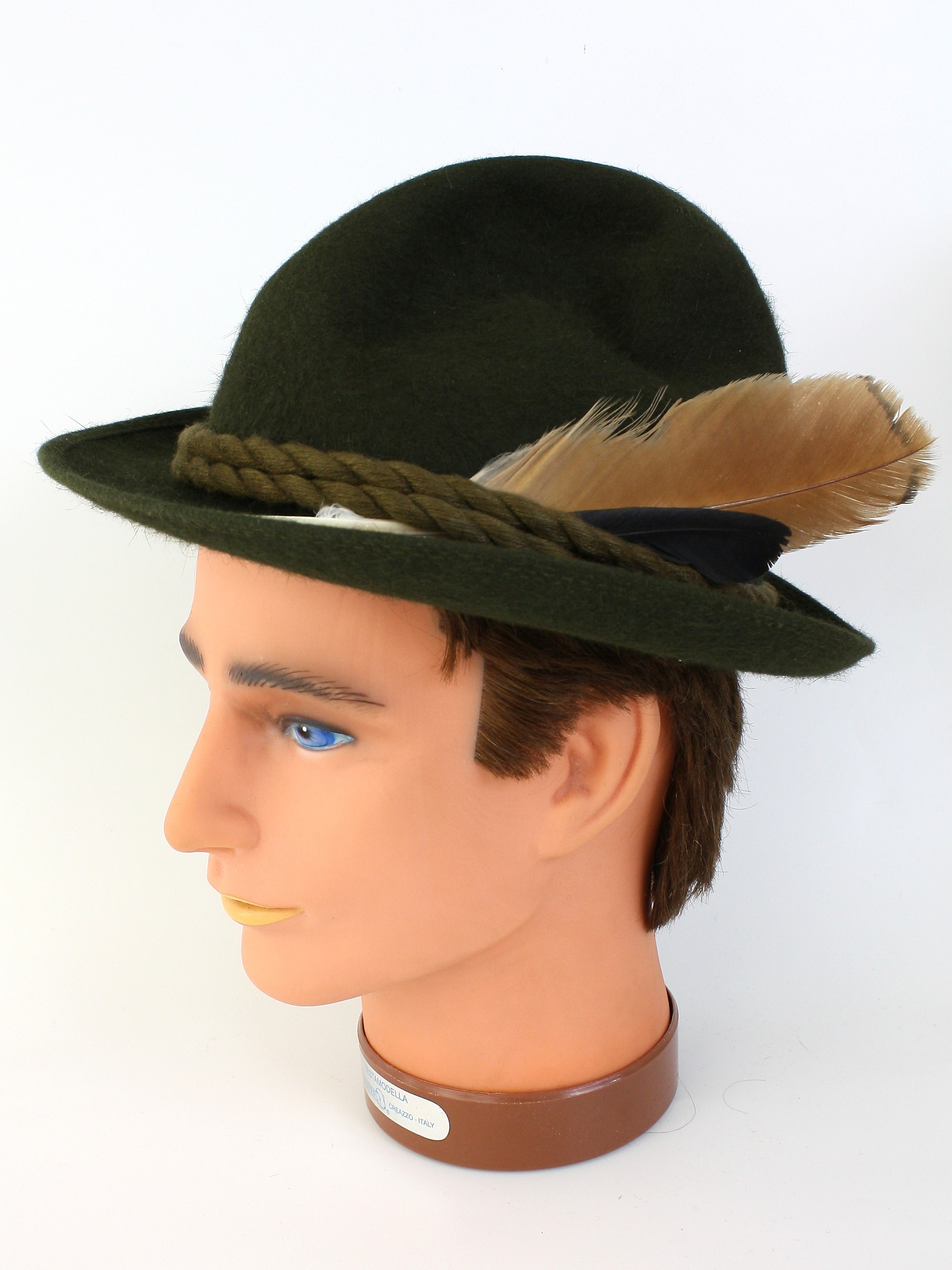 Retro 1960's Hat (Mayser, A. Breiler) : -Mayser, A. Breiler- Mens loden green background fur felt with jute tan twisted cord hatband, brown leather inside sweatband, alpine style hat or fedora