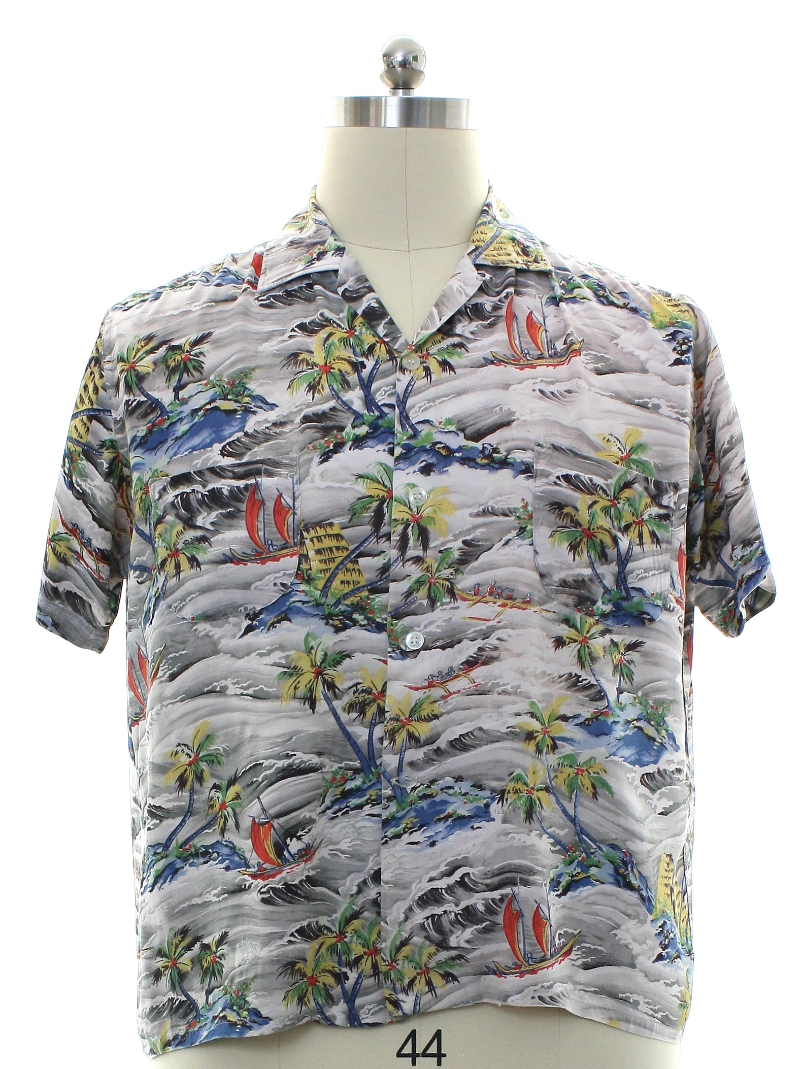 Retro 50's Hawaiian Shirt: 50s -No Label- Mens white background, black ...