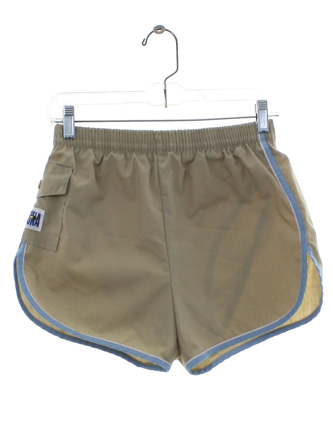 Laguna Eighties Vintage Swimsuit Swimwear 80s Laguna Mens khaki tan polyester cotton blend swim shorts. Classic style with sky blue bias banded trim on the left side and on the dolphin legs a
