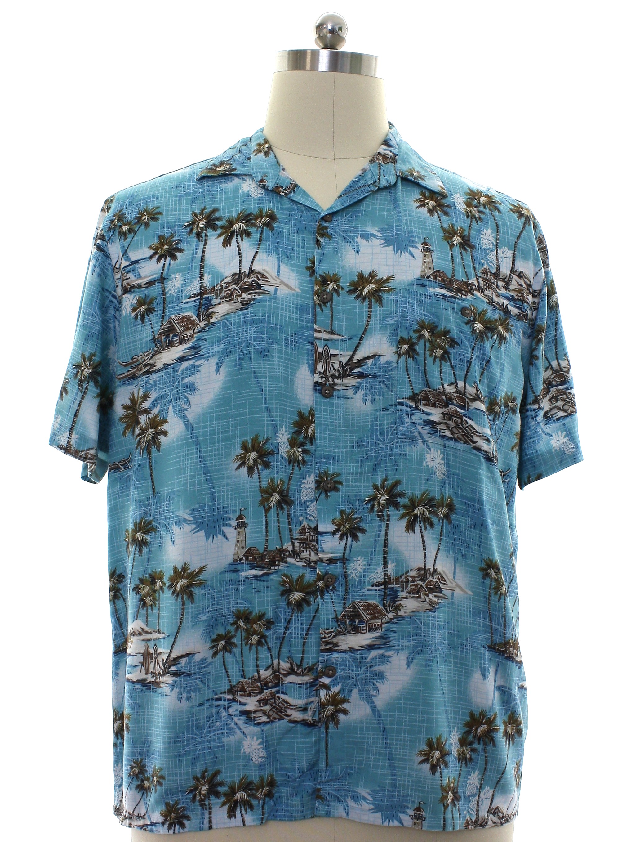 Hawaiian Shirt: 90s -Island Shores- Mens aqua blue background drapey ...