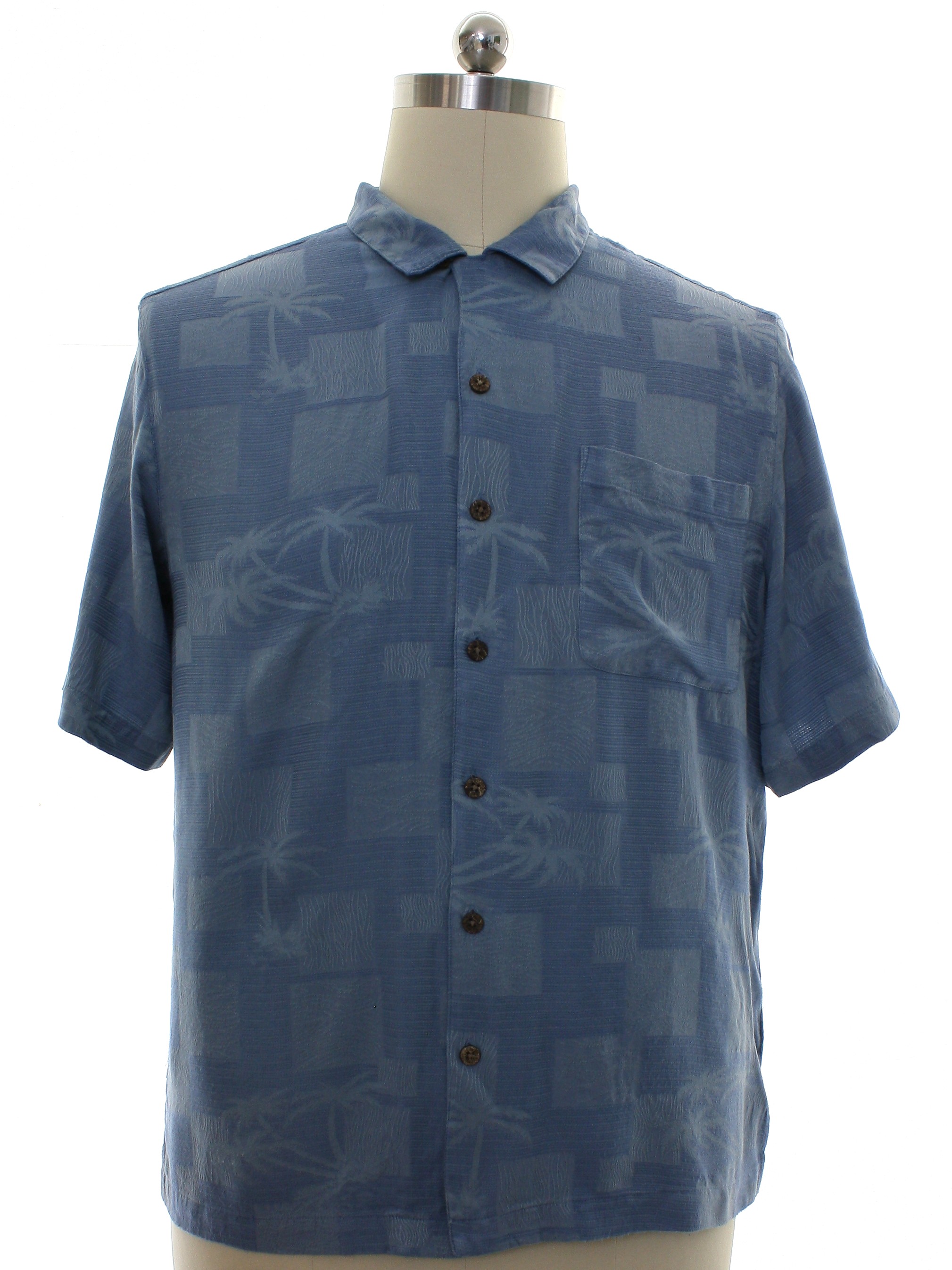 Shirt: 90s -Caribbean Joe- Mens dusty blue background raw silk rayon ...