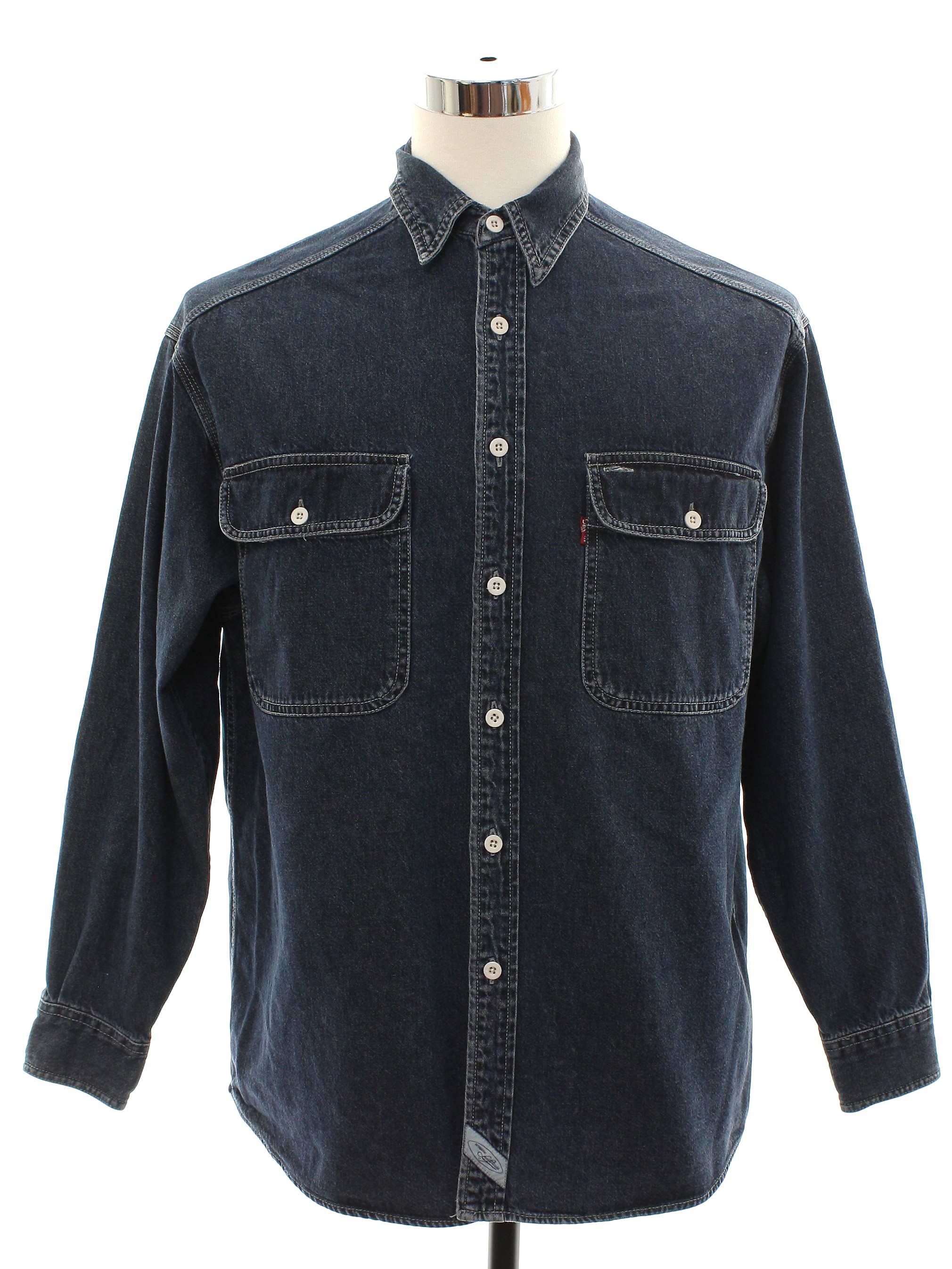 1990's Retro Shirt: 90s -Levis- Mens hazy dark blue cotton button cuff ...