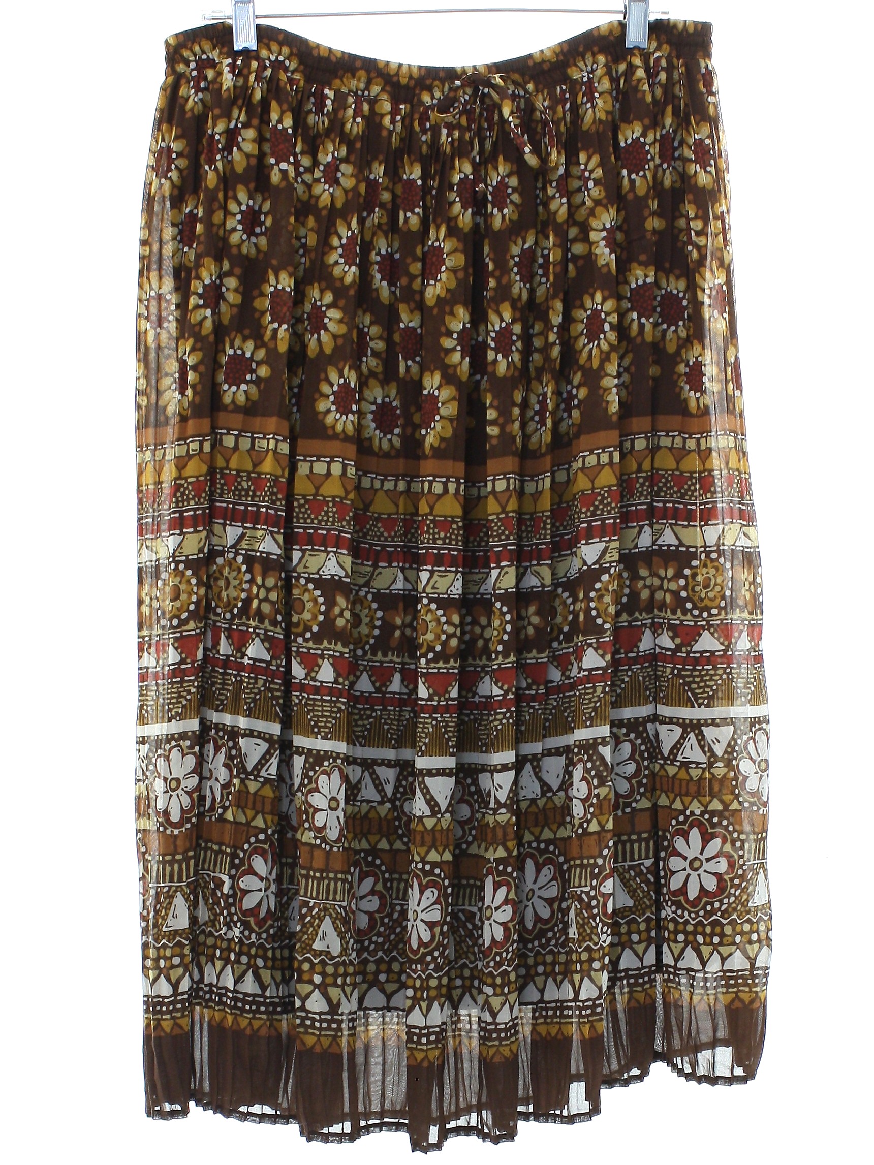 Hippie Skirt: 90s -Alfred Dunner Petite- Womens brown background silky  polyester broomstick style hippie skirt. Busy horizontal stripes and prints  in shades of tan, cream, white and rust, elastic gathered waist with