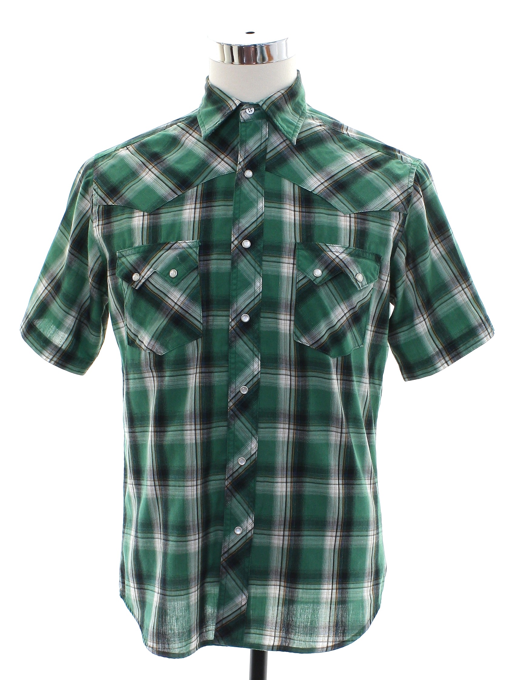 Western Shirt: 90s -Wrangler- Mens green, black and white plaid ...