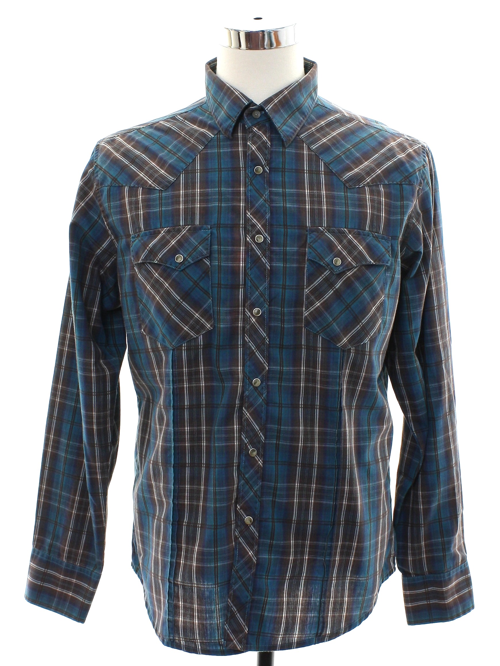 Western Shirt: 90s -Wrangler- Mens dusty teal, brown, white, and blue ...