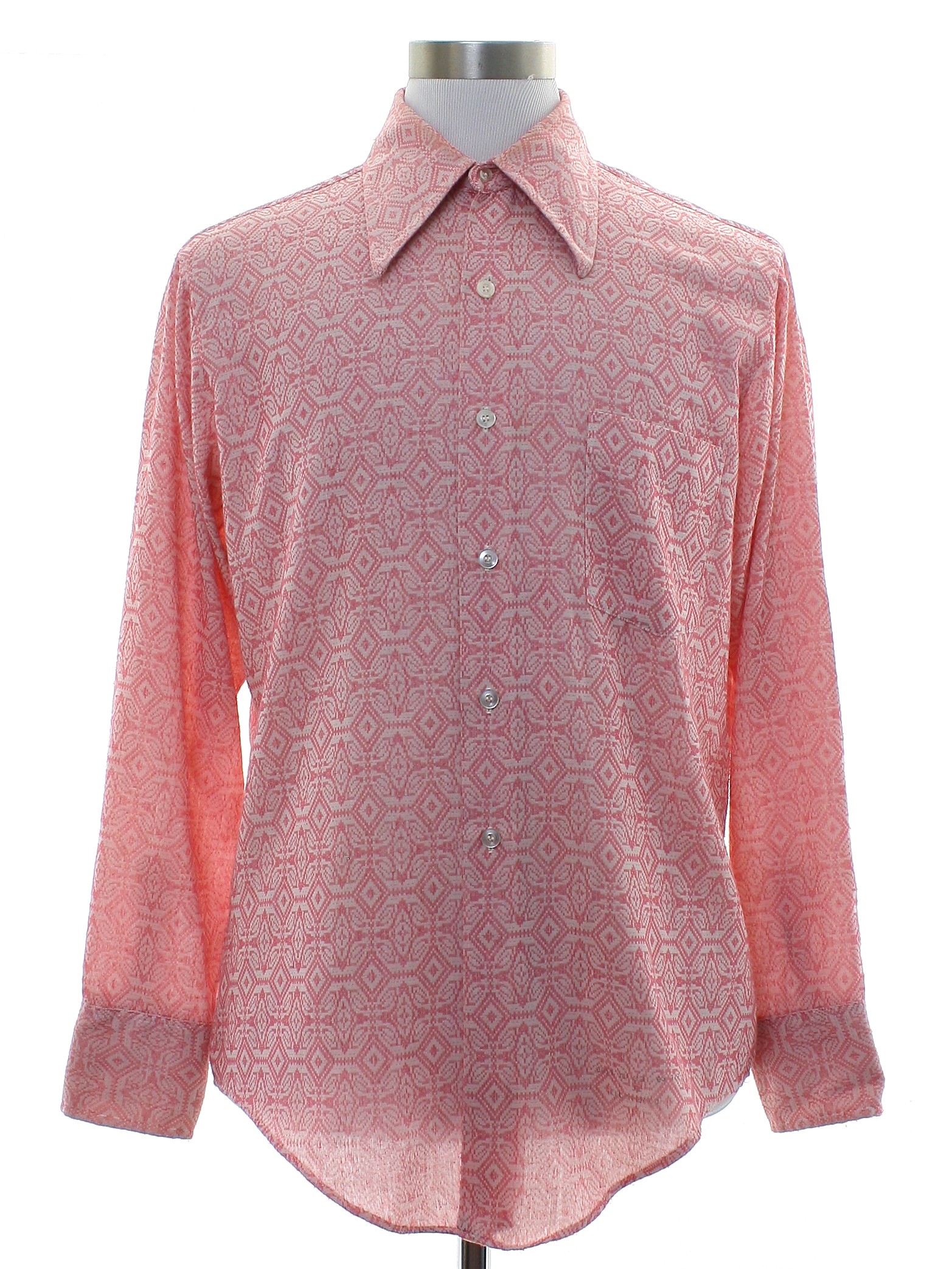 70's Vintage Shirt: 70s -No Label- Mens rose pink and white polyester ...