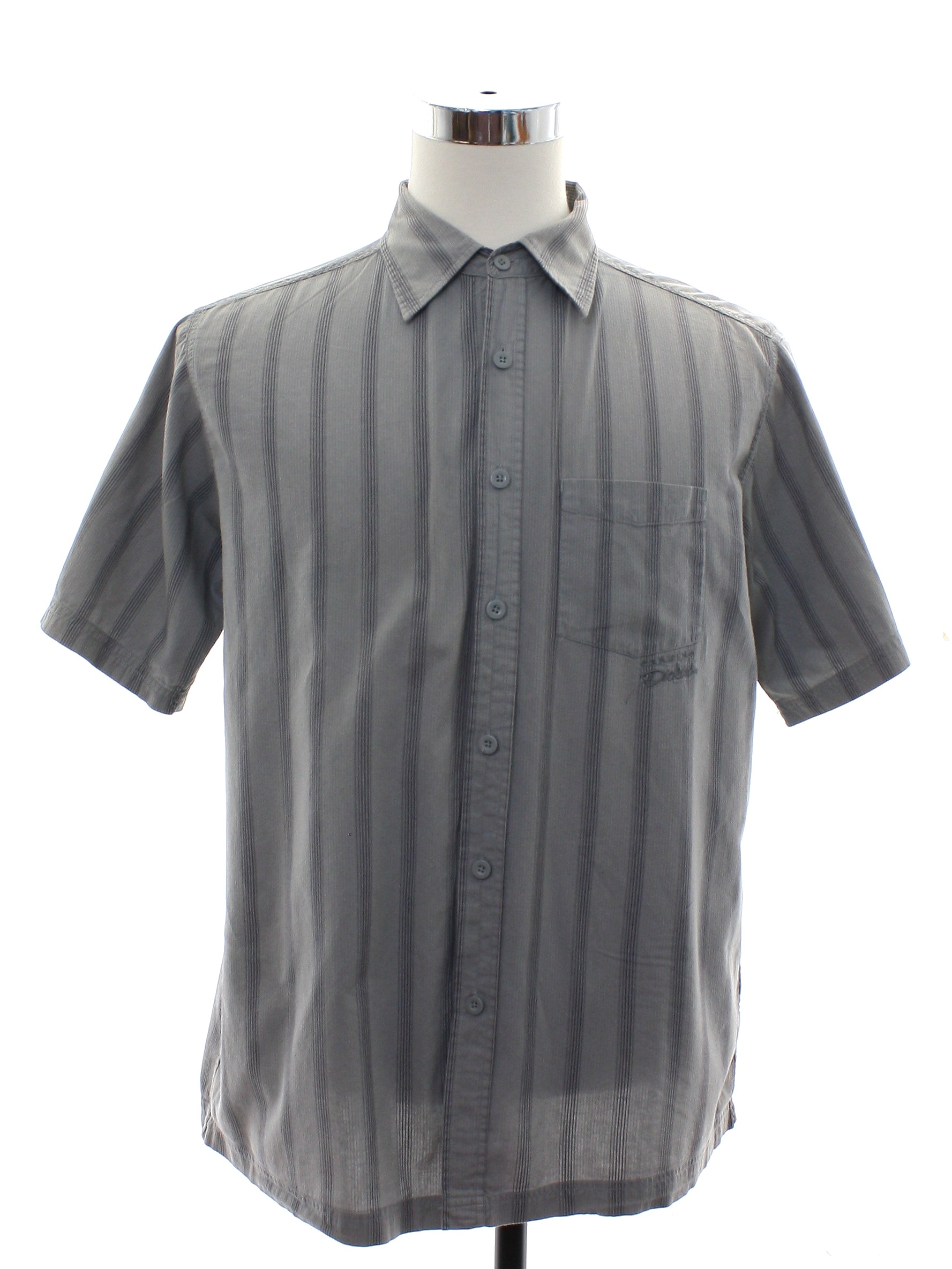 Shirt: 90s -Dickies- Mens dove grey and charcoal cotton short sleeve ...