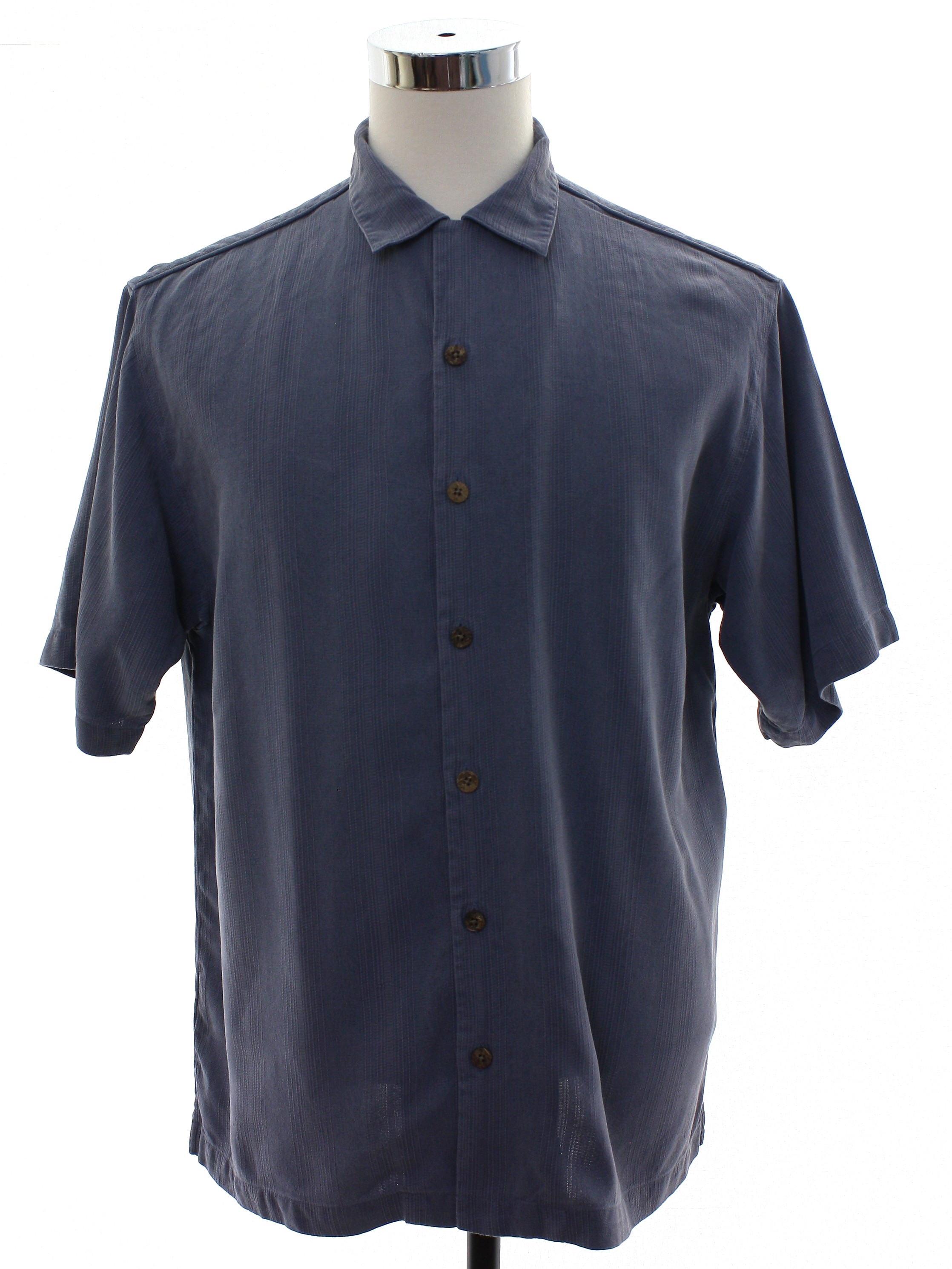 Shirt: 90s -Tommy Bahama- Mens dusty blue background silk short sleeve ...