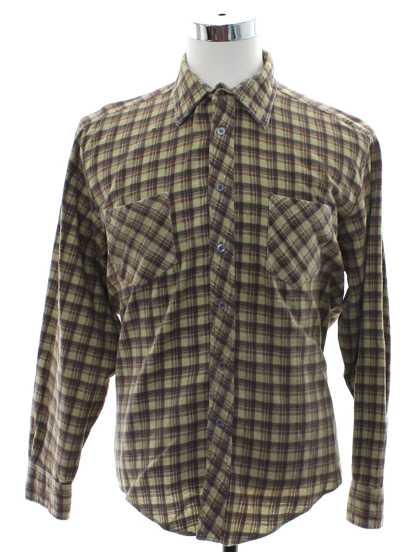 Shirt: 90s -Gaddi- Mens brown, tan, and baby blue plaid cotton flannel ...