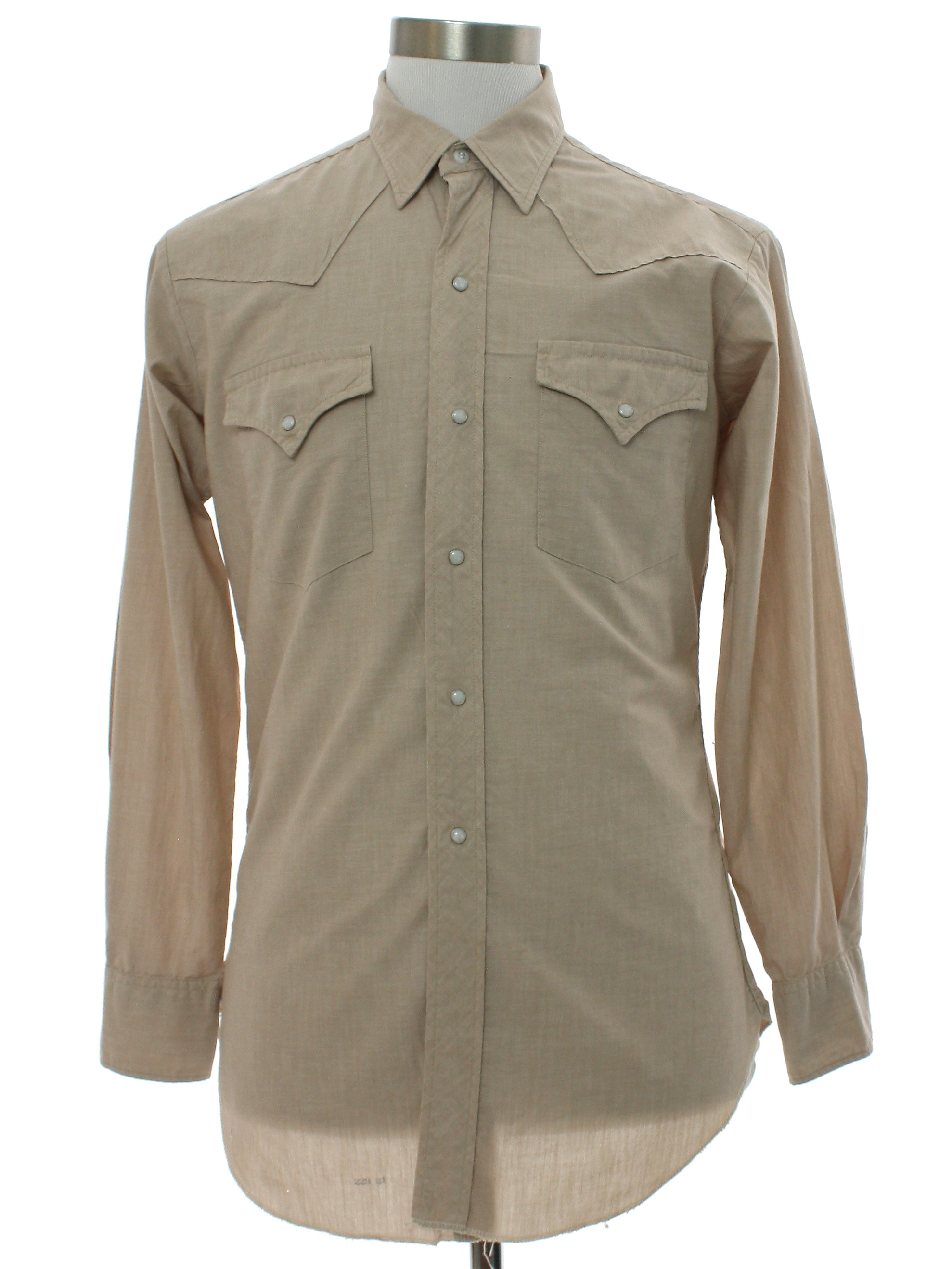 1950's Western Shirt: 50s -Levis Authentic Western Wear Its a Dan River  Fabric- Mens tan cotton broadcloth western shirt with longsleeves, fitted  sides, shirttails hemline, pearl snaps in front, on cuffs, and