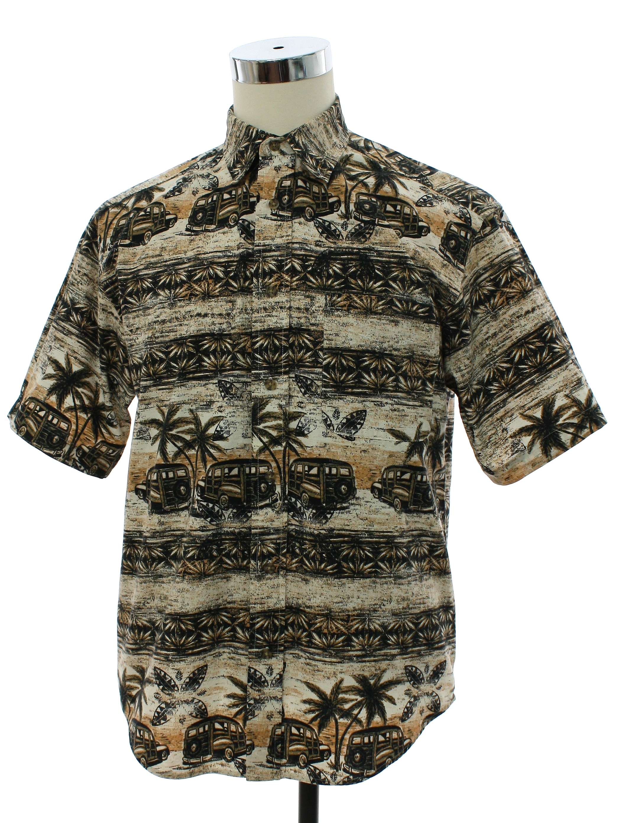 Hawaiian Shirt: 90s -Puritan- Mens white background, black, olive green ...