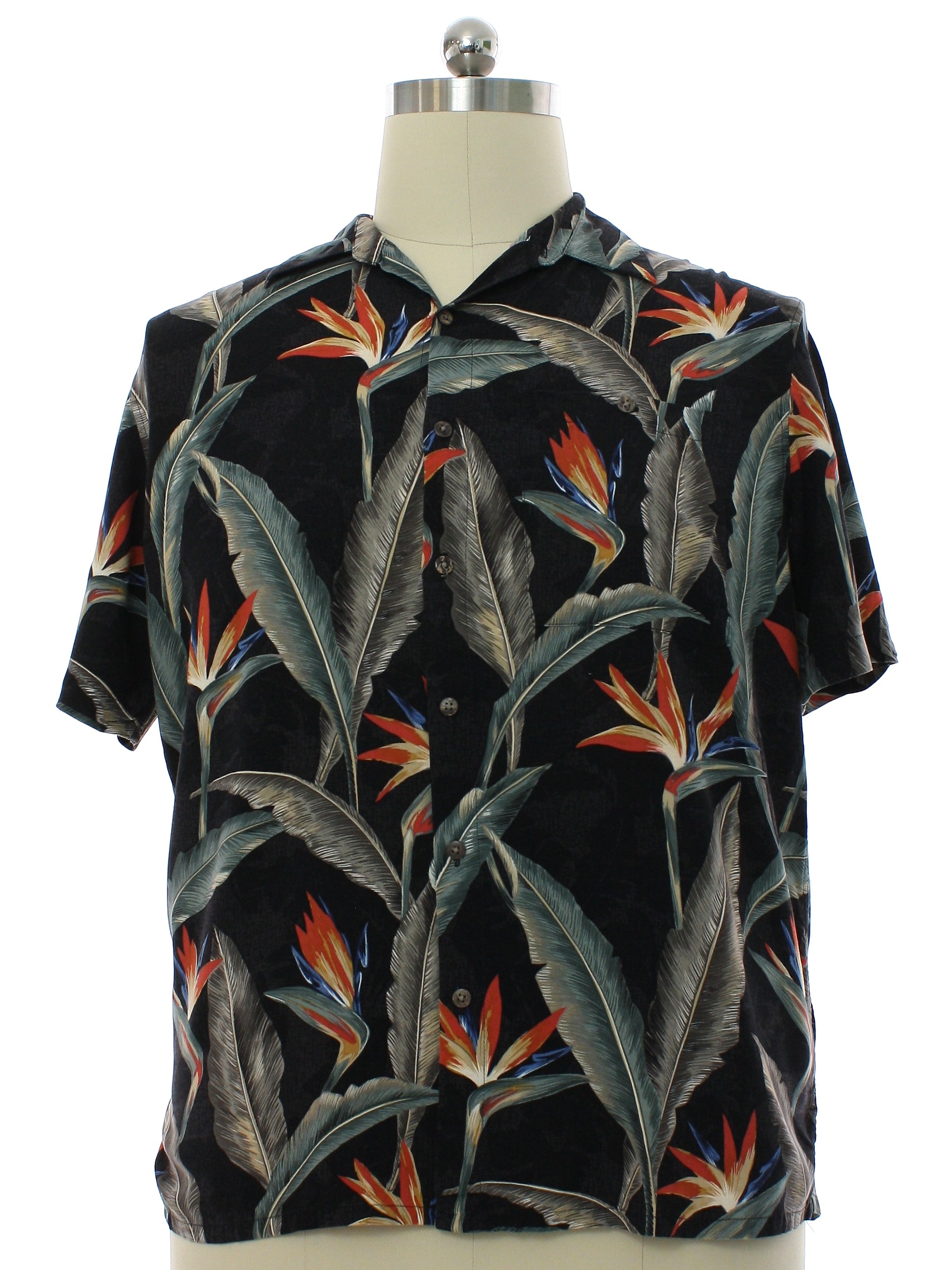 Hawaiian Shirt: 90s -Batik Bay- Mens black background, white, celadon ...