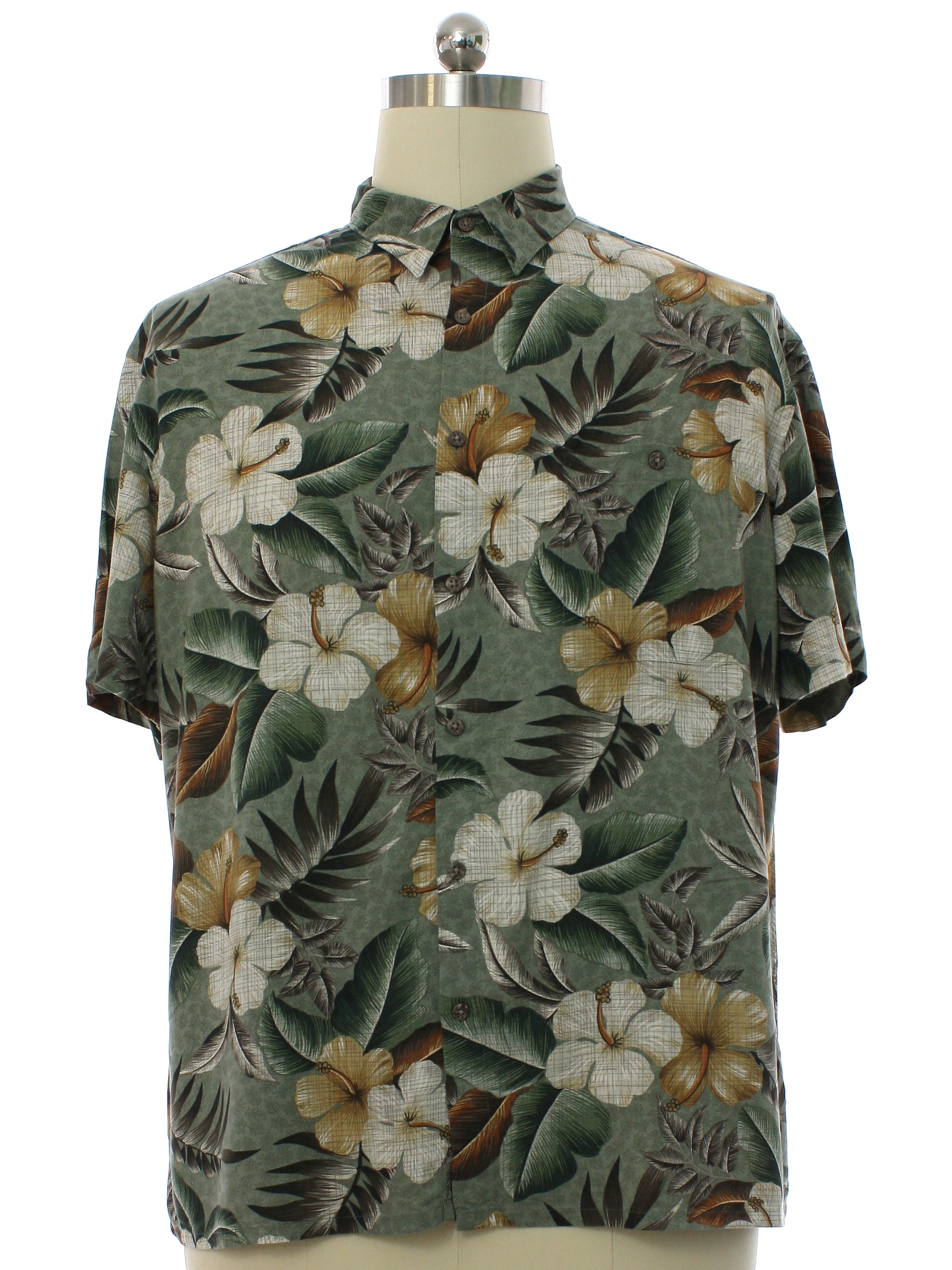 Hawaiian Shirt: 90s -Island Shores- Mens celadon background, white ...