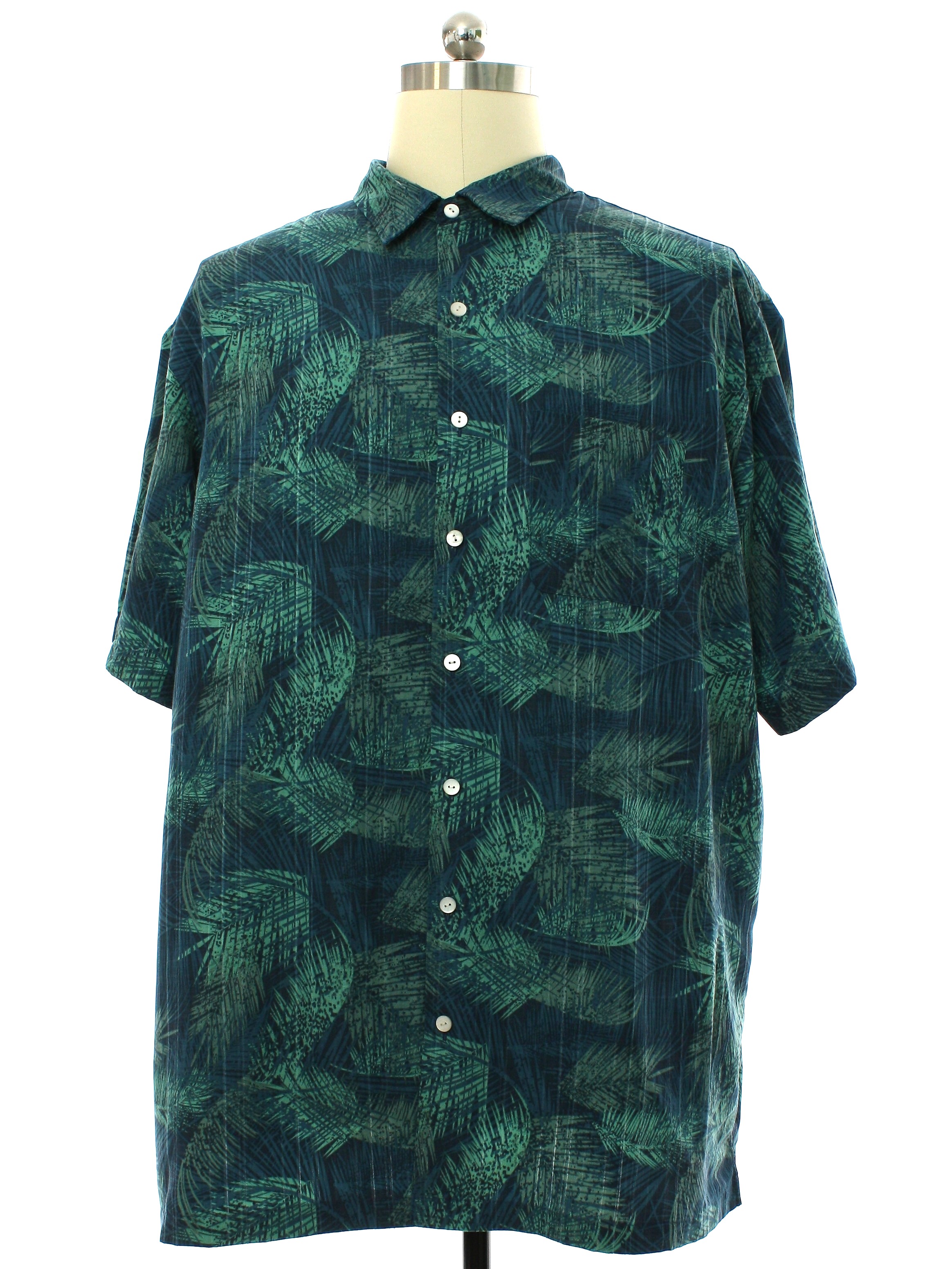 Hawaiian Shirt: 90s -Van Heusen- Mens teal background, navy blue, olive ...