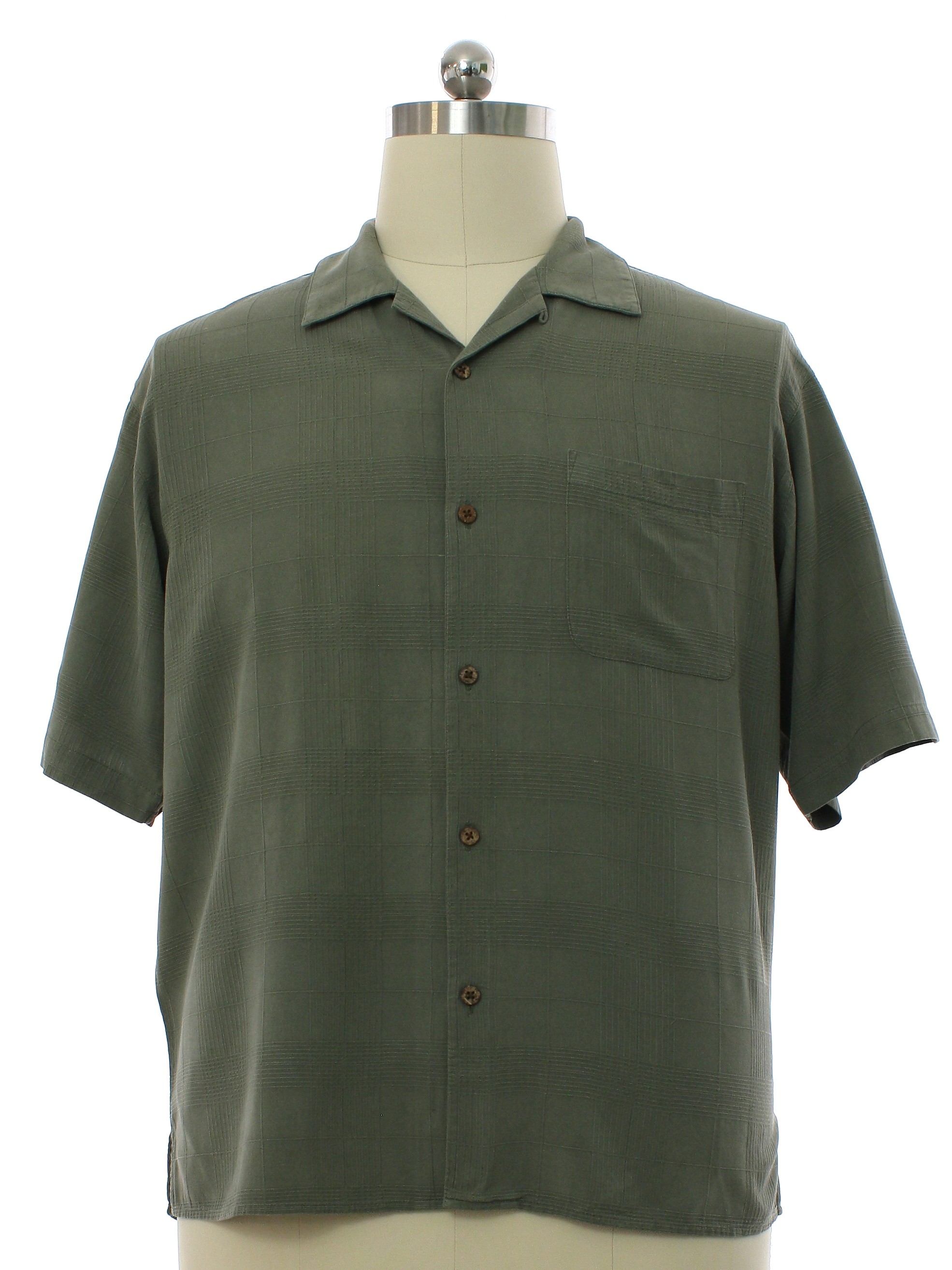 Shirt: 90s -Vintage Silk- Mens moss green silk brocade sport shirt with ...