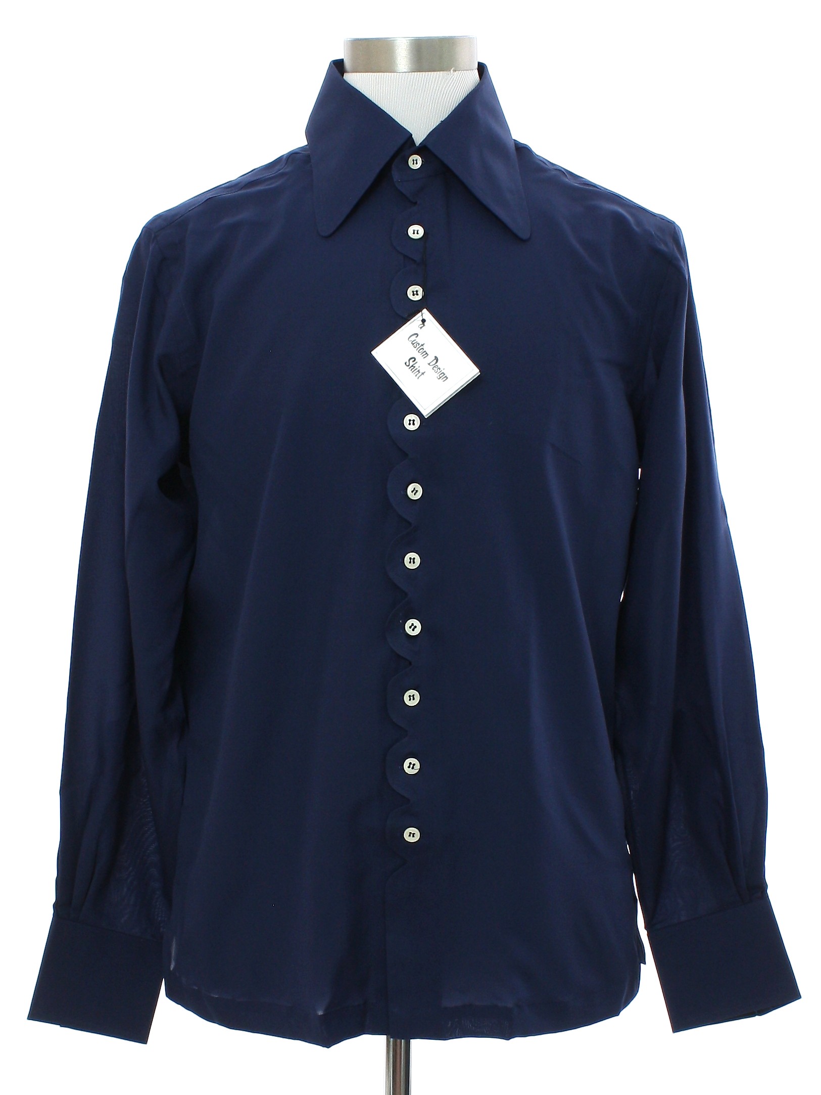 Retro 1960s Shirt: 60s -Morrie Geyer- Mens navy blue silky polyester ...