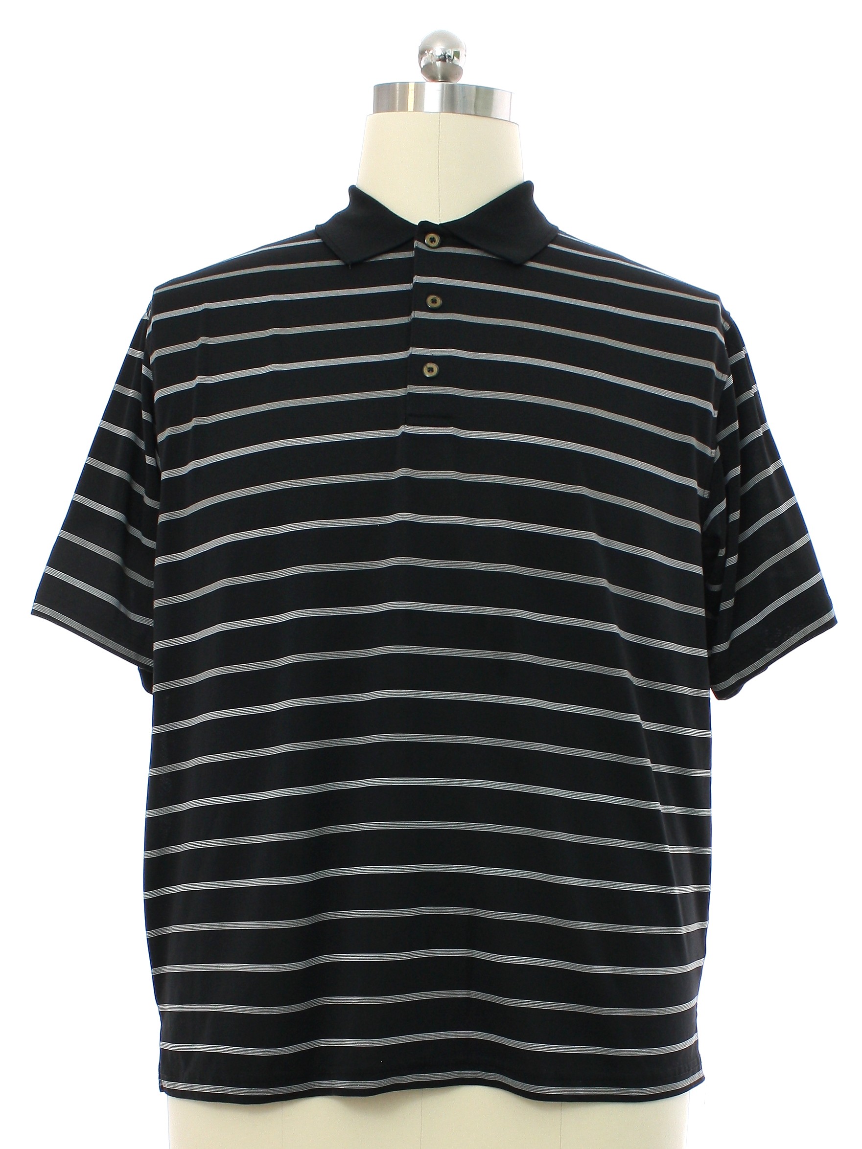 Shirt 90s George Golf Mens black background with knitted in light gray pinstripes bands polyester knit short sleeve polo style knit shirt with three button placket and fold over collar square hemlin...