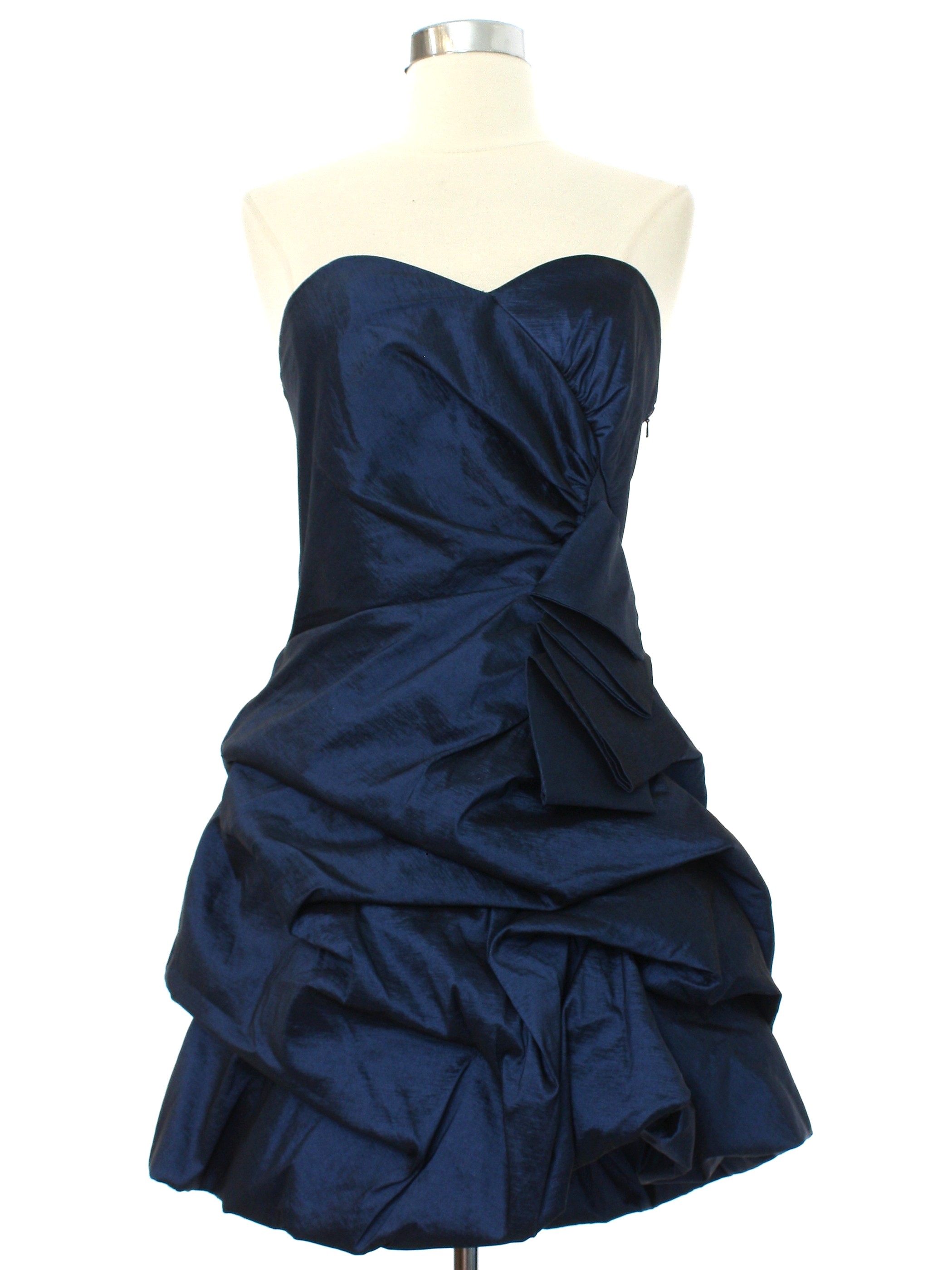 90 s Vintage Cocktail Dress Late 90s or Early y2k 2000s Jessica McClintock Womens sheeny sapphire blue polyester nylon and spandex blend strapless mini prom or cocktail bubble dress. Sweetheart neck...
