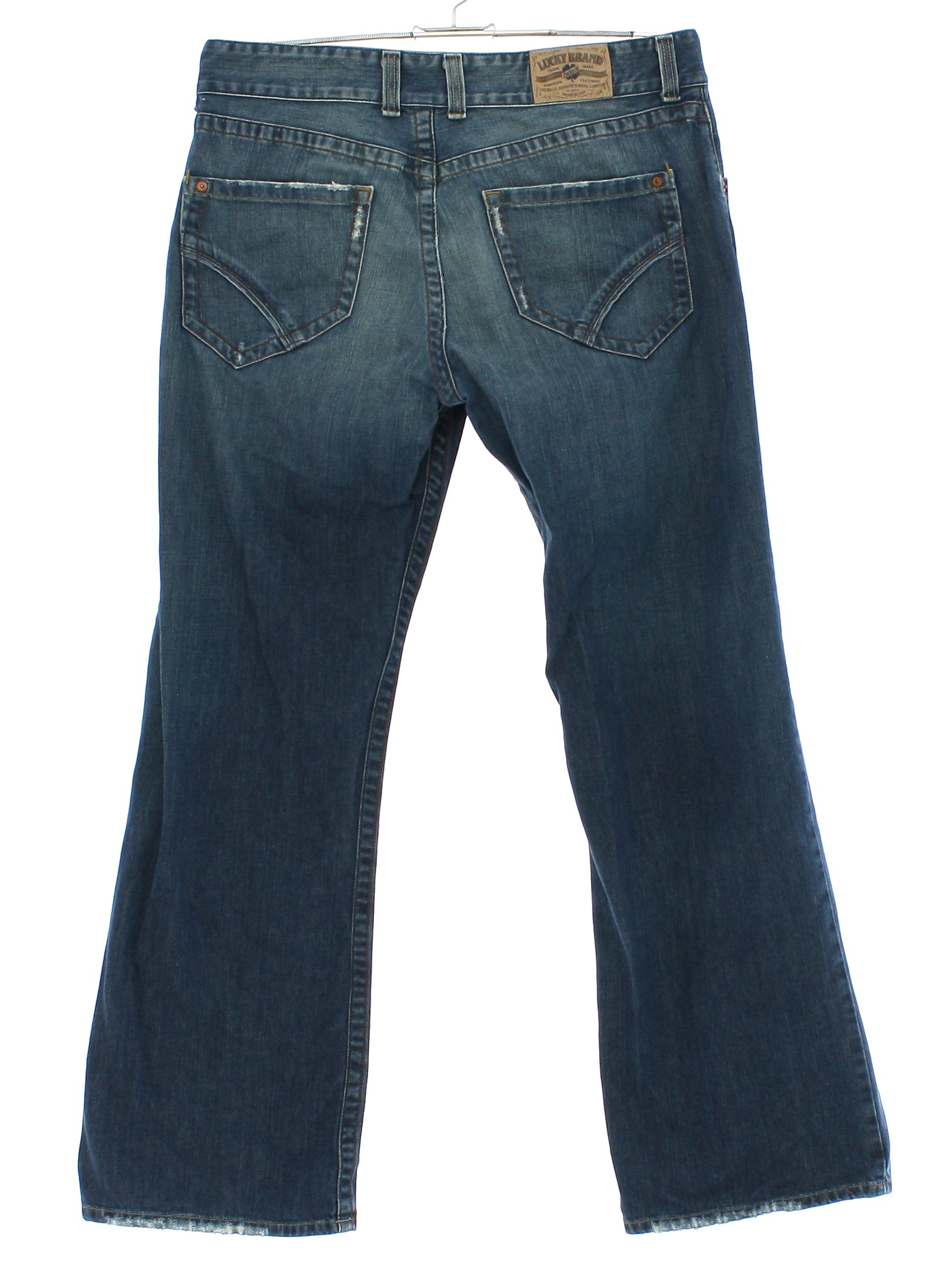 Flared Pants / Flares: 90s (Late y2k 2000s, 2007) -Lucky Brand Jeans, Made  in USA- Mens medium blue cotton denim with dark gold topstitching, classic  five pocket low rise Colorado relaxed bootleg