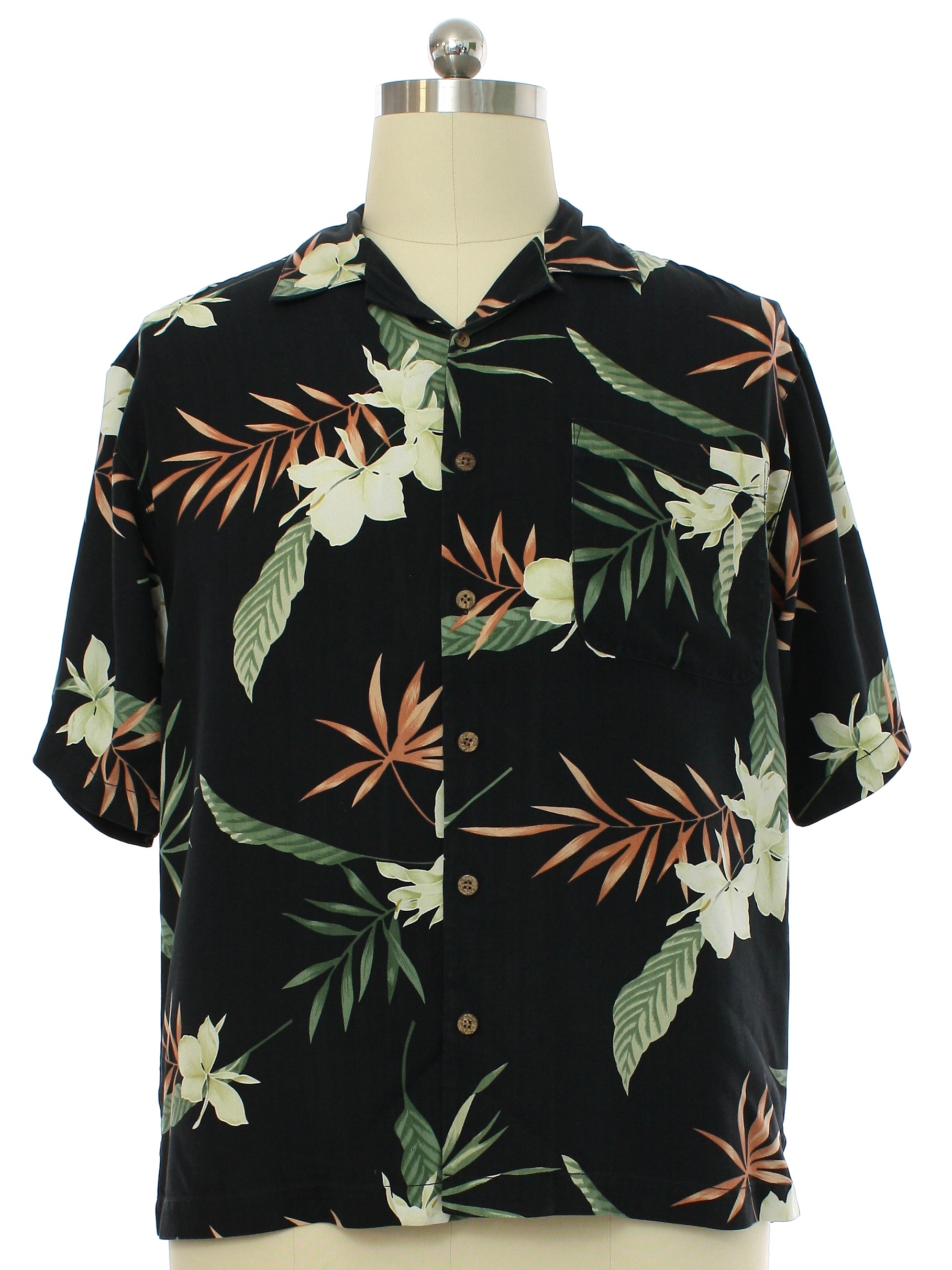 Hawaiian Shirt: 90s -Tommy Bahama- Mens black background fine silk ...