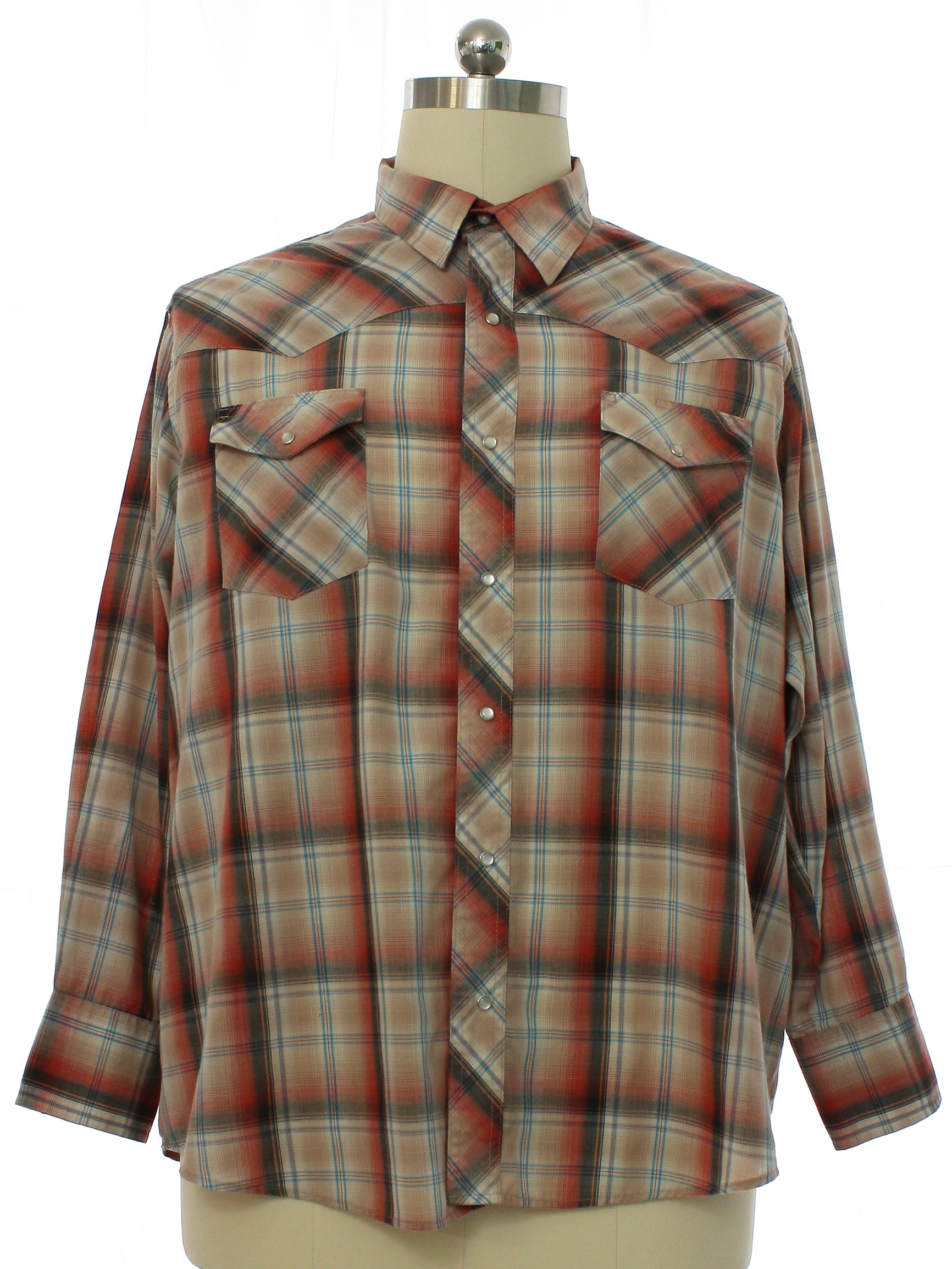 90s Vintage Wrangler Western Shirt: 90s -Wrangler- Mens red, black, white,  tan, and blue plaid polyester cotton blend longsleeve western shirt.  pearlized snaps at front placket and cuffs. Fold over collar, front