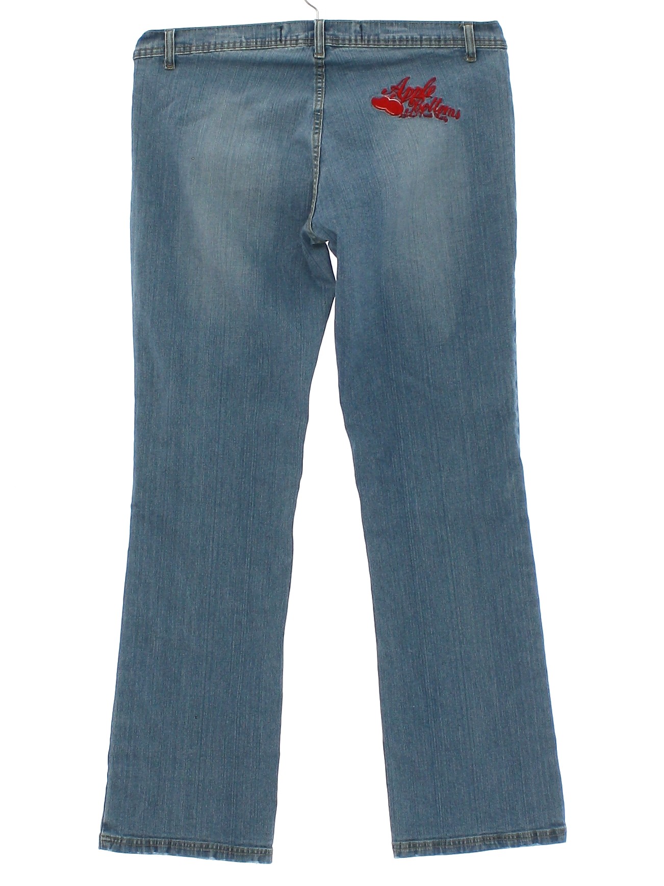 Pants: 90s (Late 2000s) -Apple Bottoms- Womens slightly and worn medium blue cotton spandex denim jeans pants with zipper fly closure with button. Front scoop pockets no rear pockets. 2