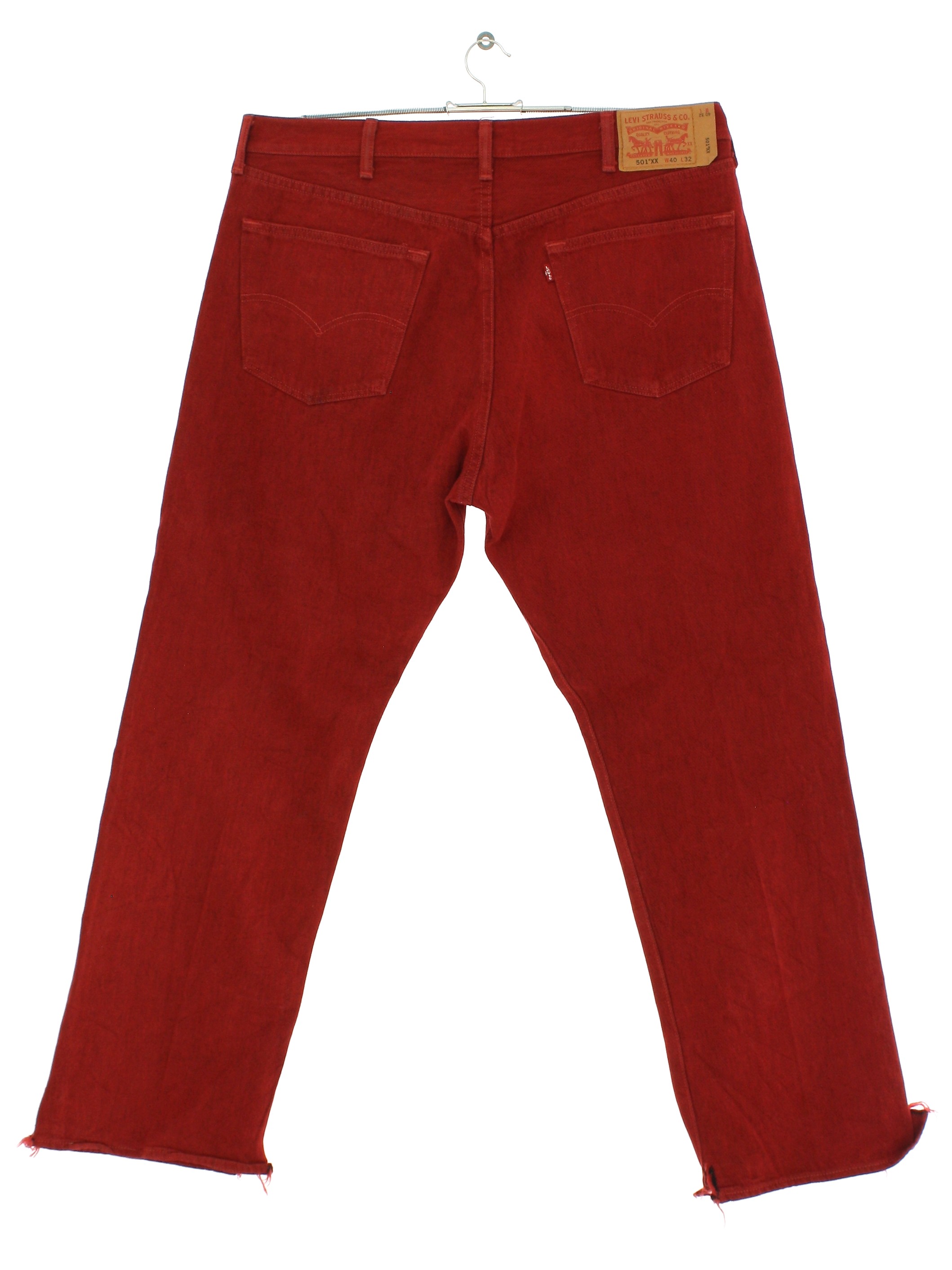 Pants: 90s -Levis 501xx- Mens worn and distressed red cotton denim denim  jeans pants with button fly closure. Five pocket style - front scoop  pockets with single coin pocket and two rear