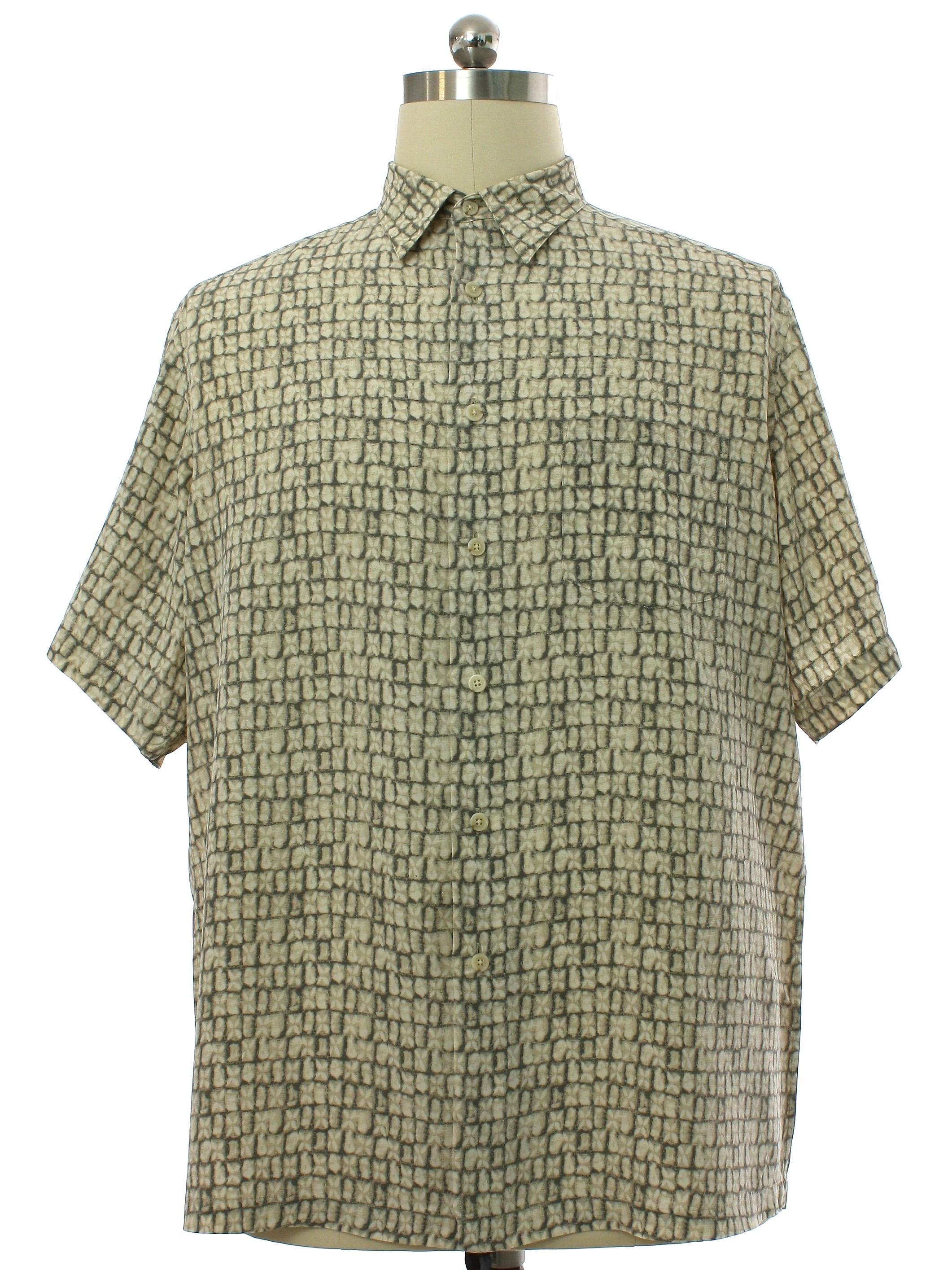 Shirt: 90s -Claiborne- Mens cream background, olive green, pale sea ...