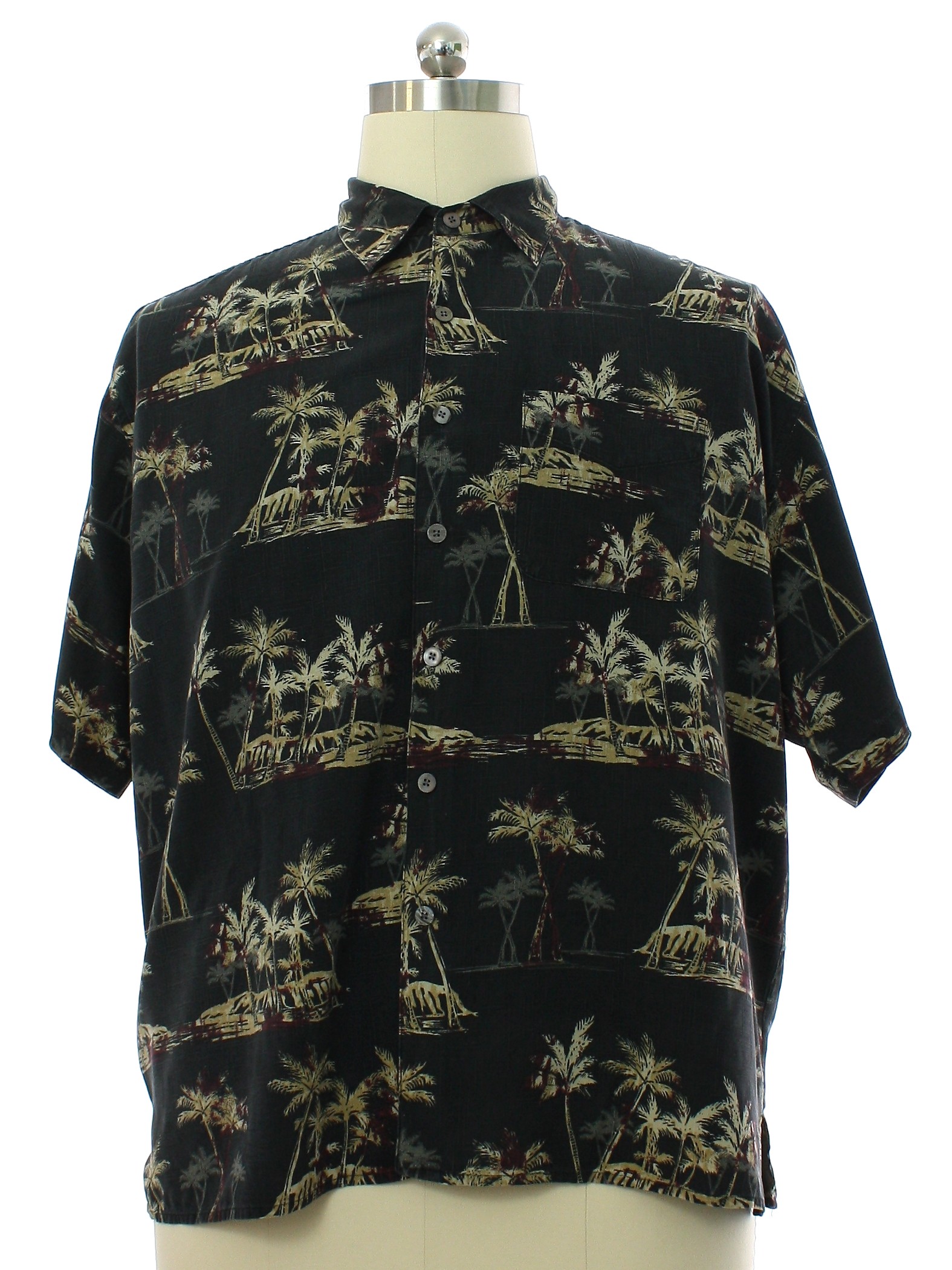 Hawaiian Shirt: 90s -Van Heusen- Mens black background short sleeve ...