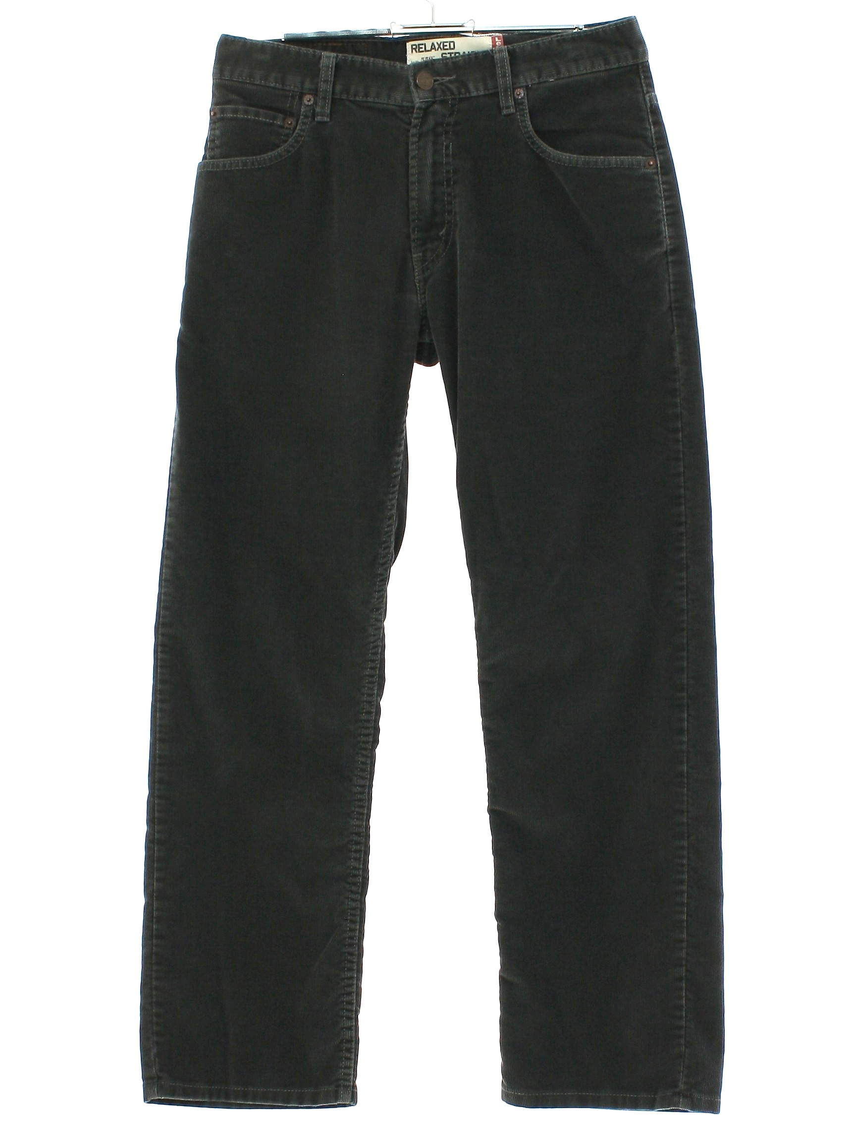 Pants 90s 2007 Levis 559 Mens slightly faded dark gray cotton denim straight leg corduroy pants with zipper fly closure with button. Five pocket style front scoop pockets with single coin