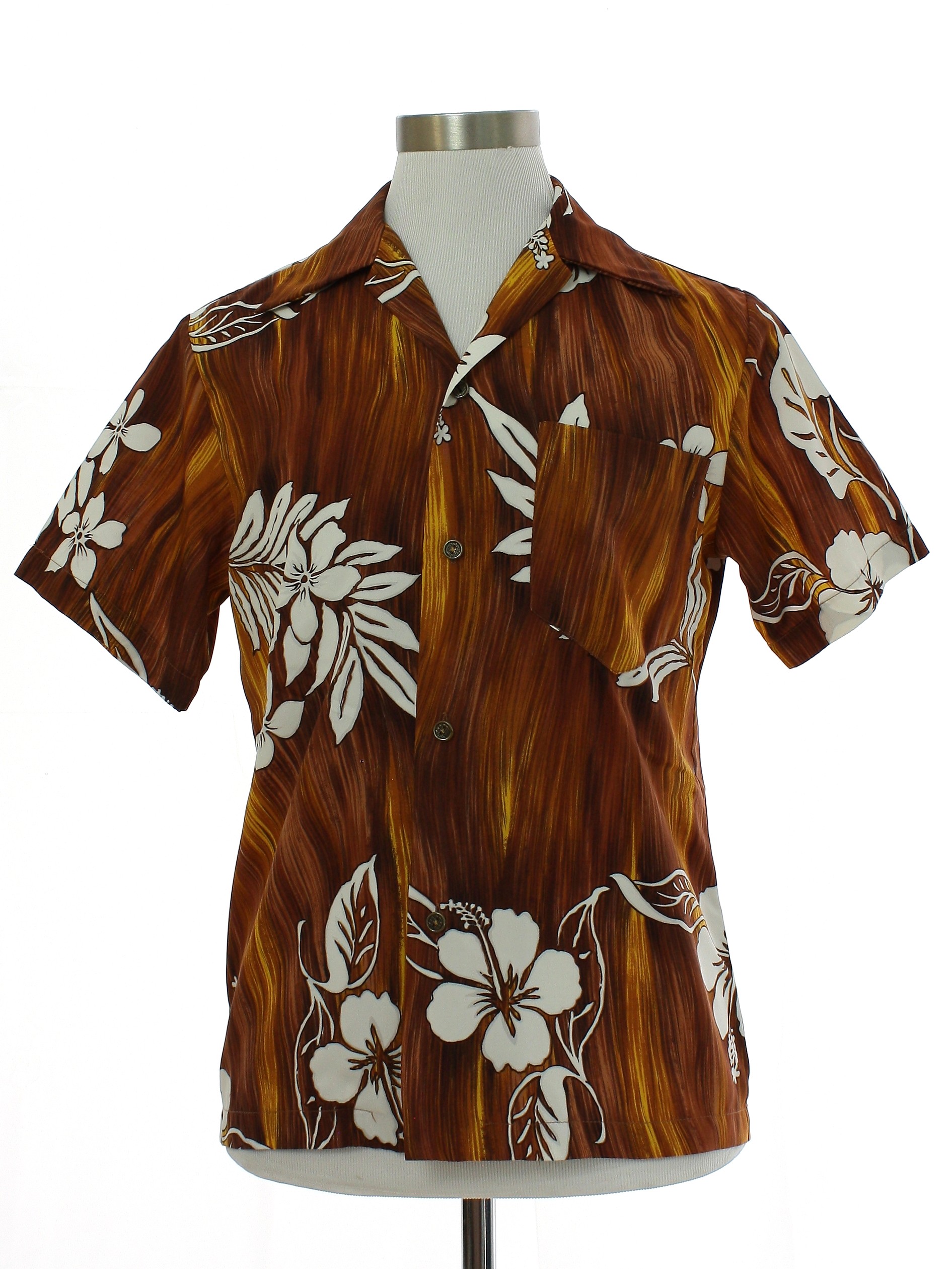 70's Hawaiian Shirt: Early 70s -No Label- Mens brown background, white ...