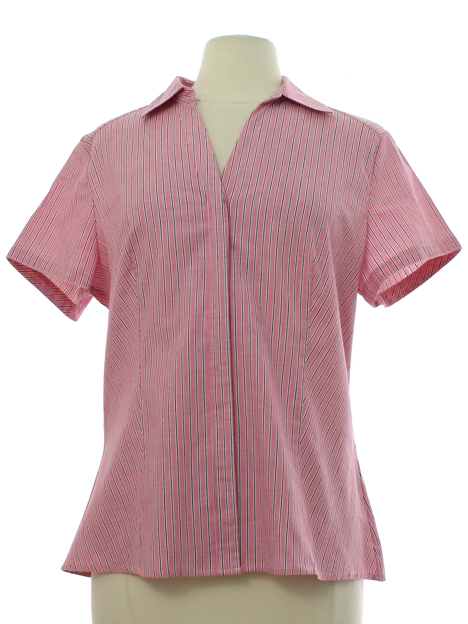 Vintage Riders by Lee Nineties Shirt 90s Riders by Lee Womens pink background with white and black narrow woven in stripes polyester cotton and spandex broadcloth short sleeve shirt with covered but...