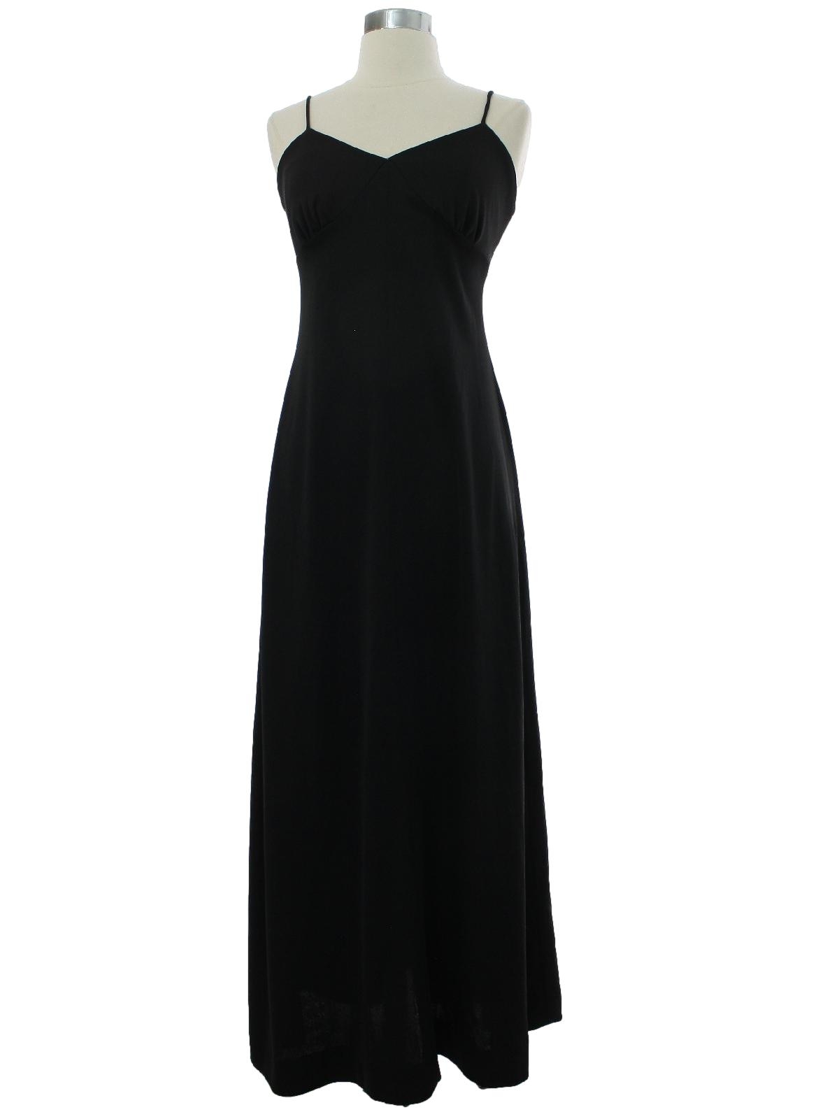 1980's Dress: 80s -No Label- Womens black slinky polyester spaghetti strap  sleeveless a-line maxi dress. Veed neckline, fitted stretchy bodice, a-line  waist. Classic style, ruched bust. Zipper back closure.
