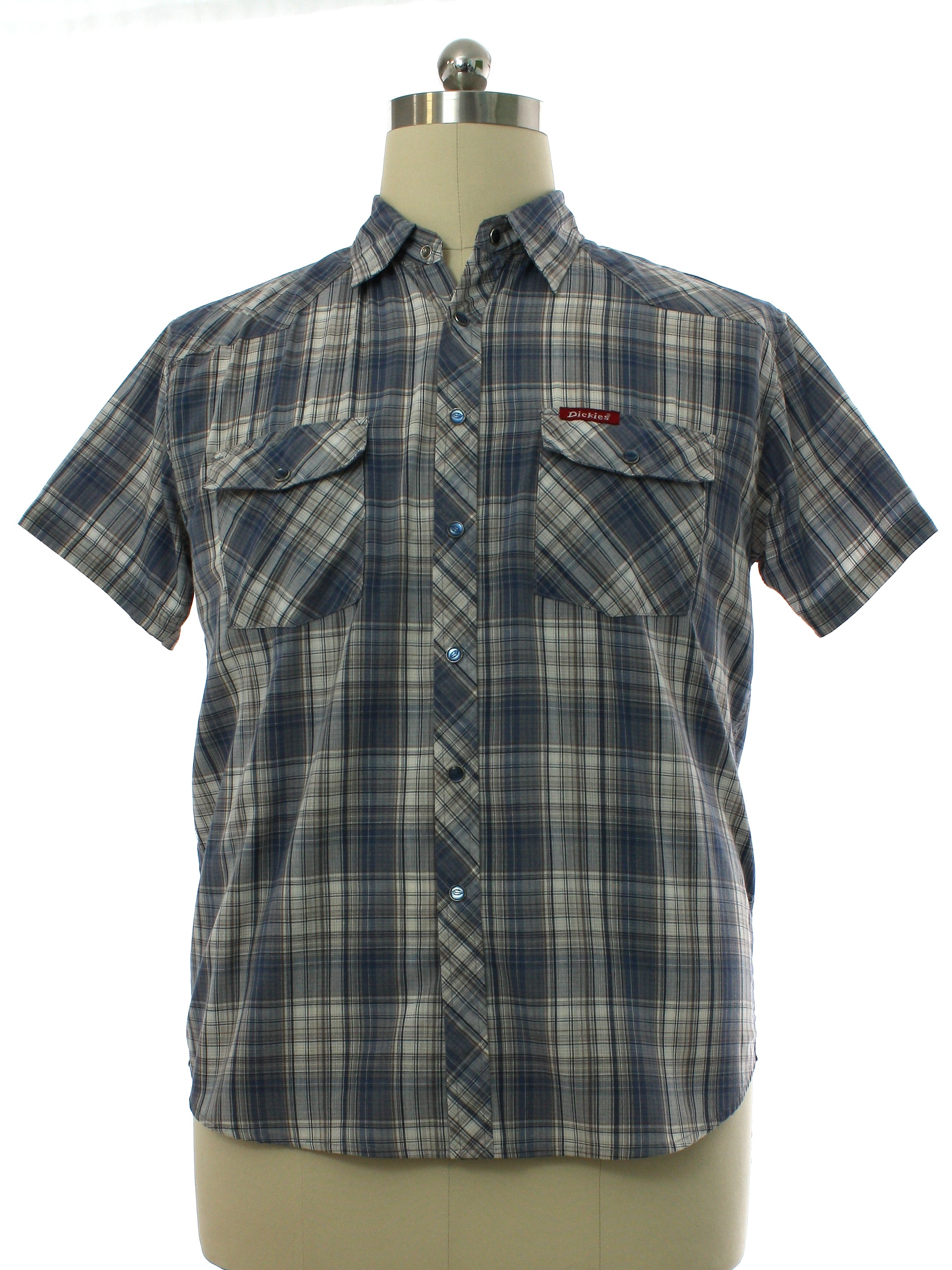 Western Shirt: 90s -Dickies- Mens dusty blue, white, and gray plaid ...