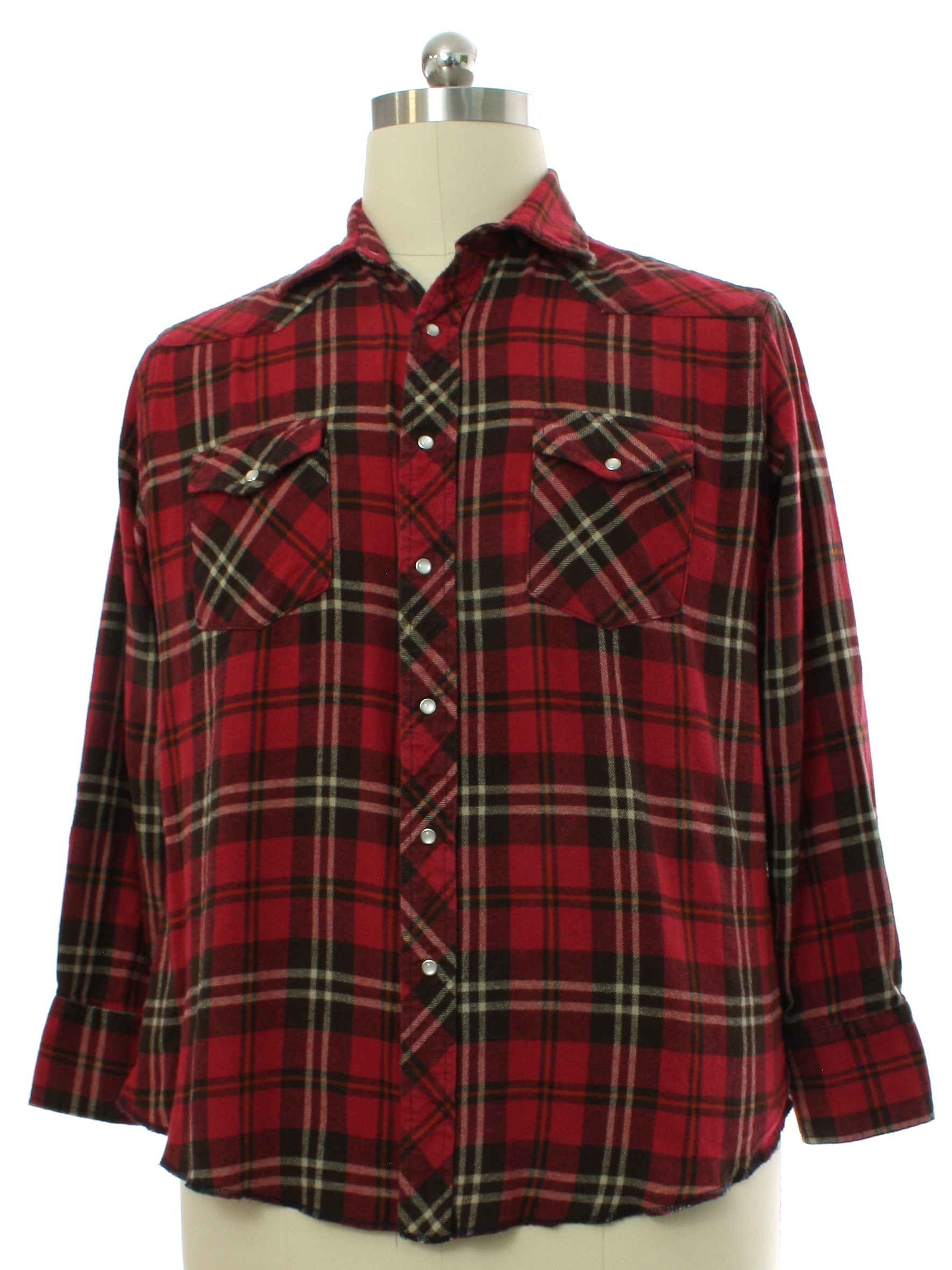 Western Shirt: 90s -Wrangler- Mens red, brown, and cream lumber jack ...