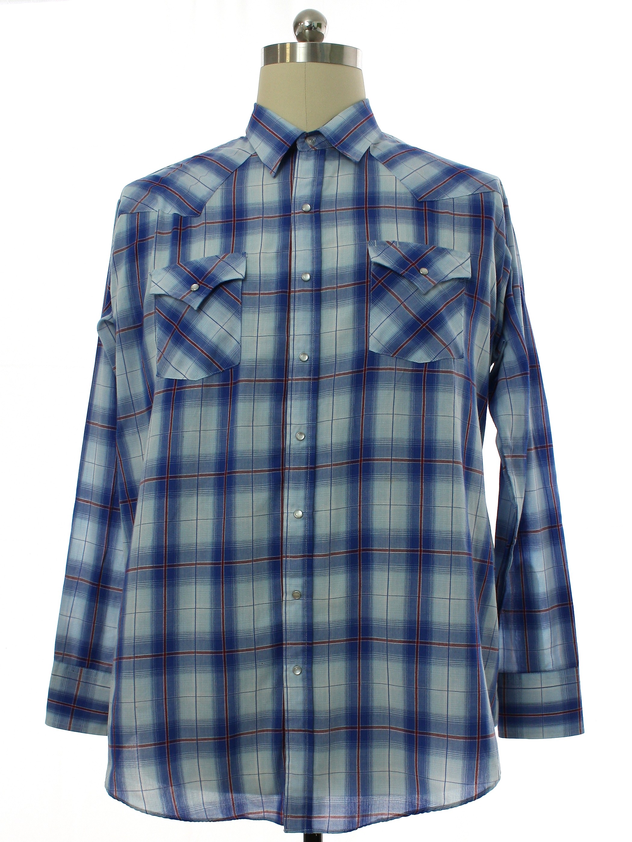 Western Shirt: 90s -Ely Cattleman- Mens shades of blue plaid polyester