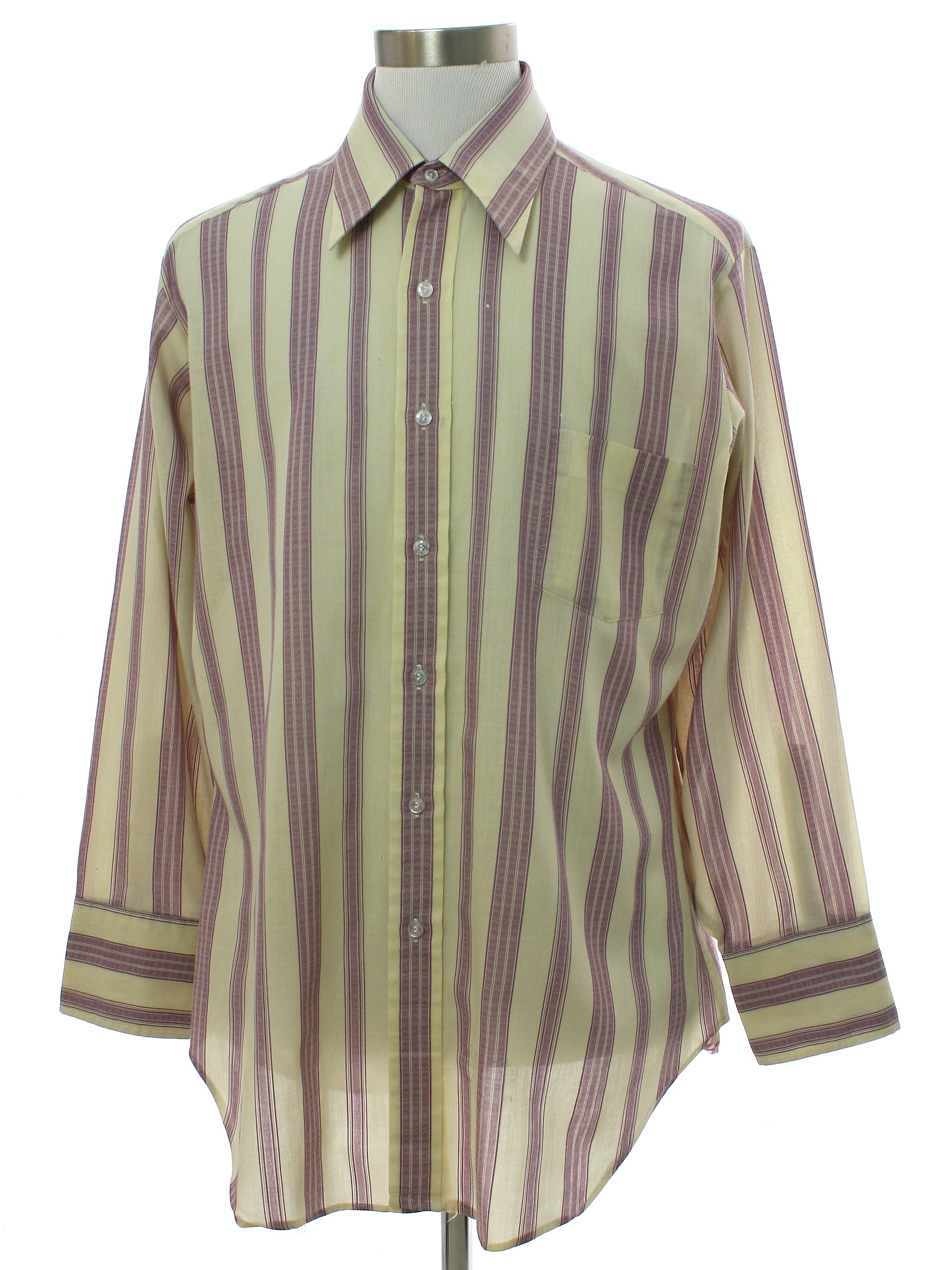 1970s Vintage Shirt: 70s -No Label- Mens cream and orchid polyester