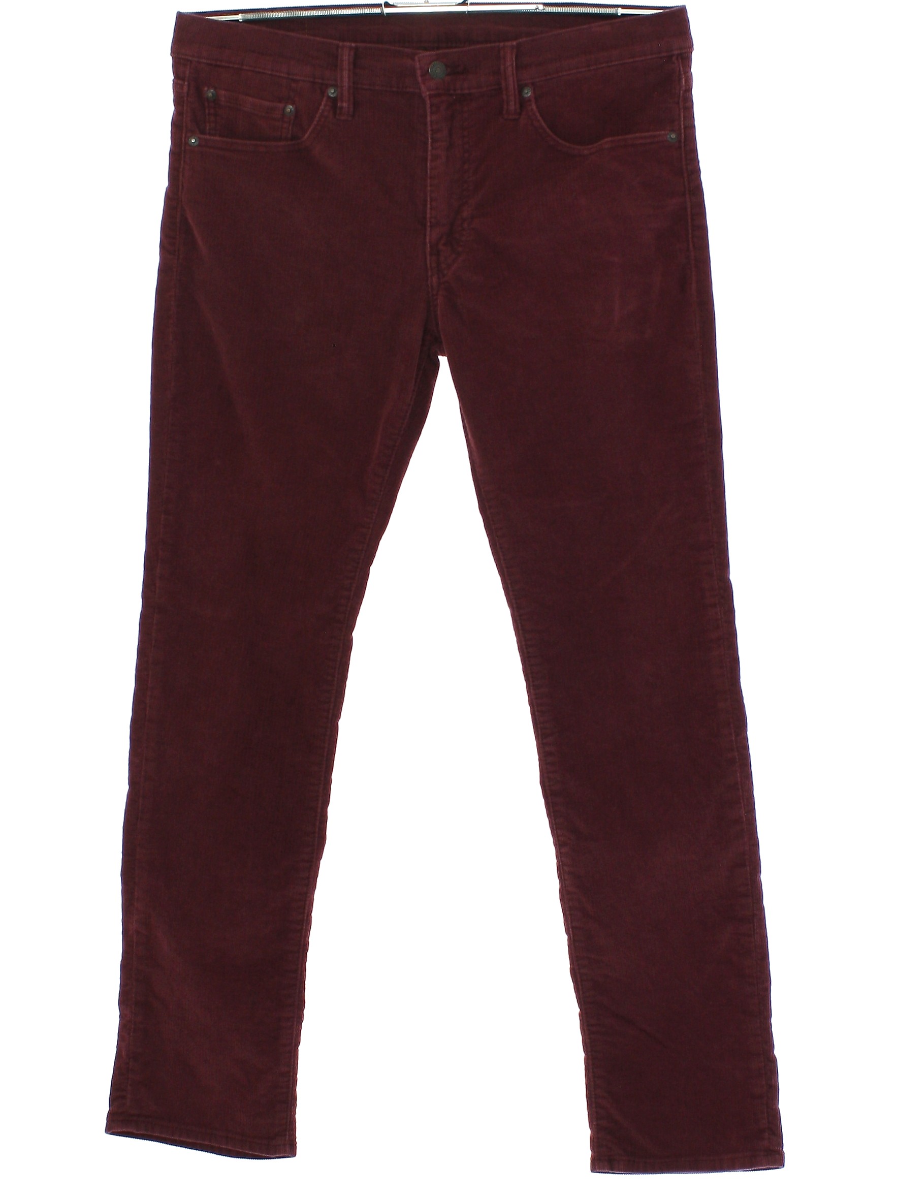 Pants: 90s -Levis- 511- Mens slightly faded burgundy red cotton corduroy  tapered leg corduroy pants with zipper fly closure with button. Five pocket  style - front scoop pockets with single coin pocket