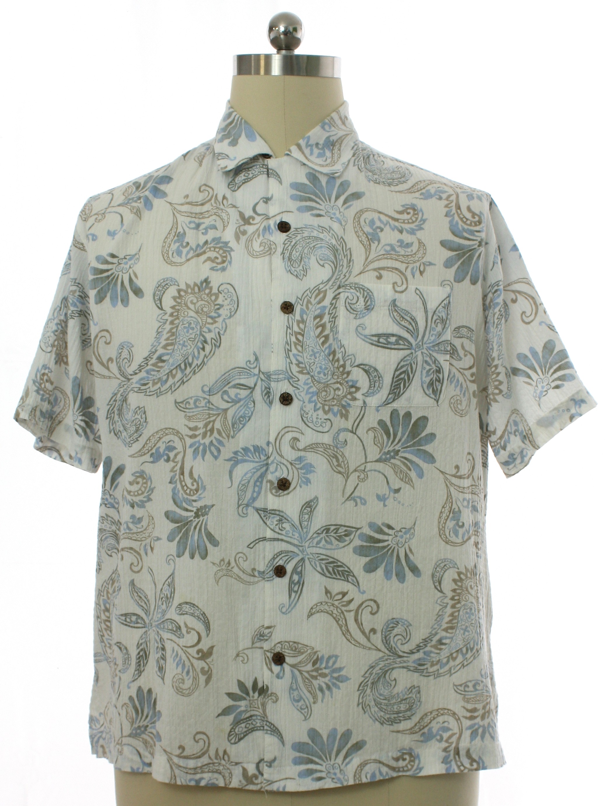 Shirt: 90s -Caribbean- Mens white background crinkly cotton linen short ...