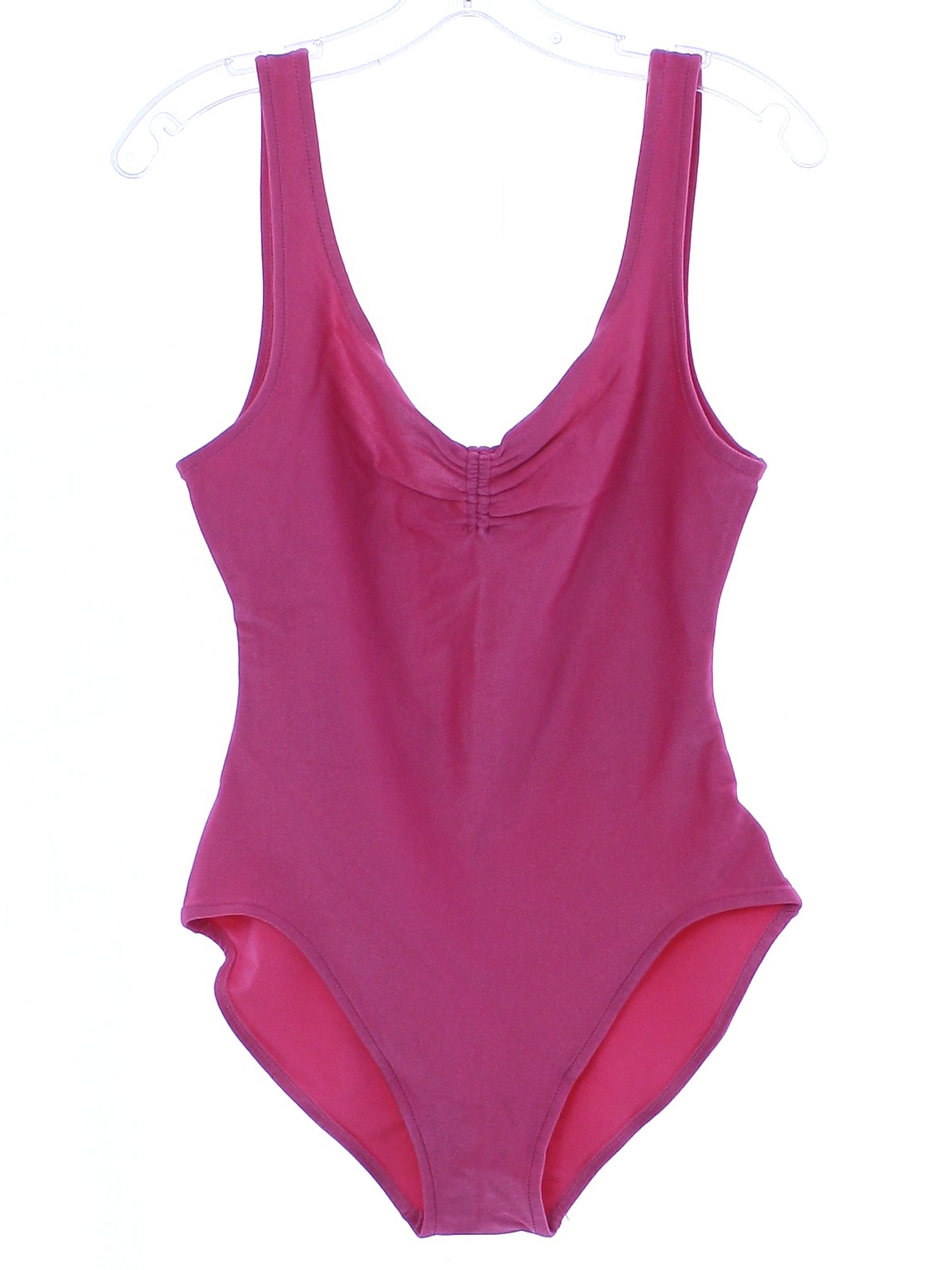 1980's Swimsuit/Swimwear: 80s -Premiere Made for Parklane- Womens pink  background antron nylon and spandex shiny knit, one-piece swimsuit with  scoop neckline and rounded square back, unlined with ruched center bust,  high cut