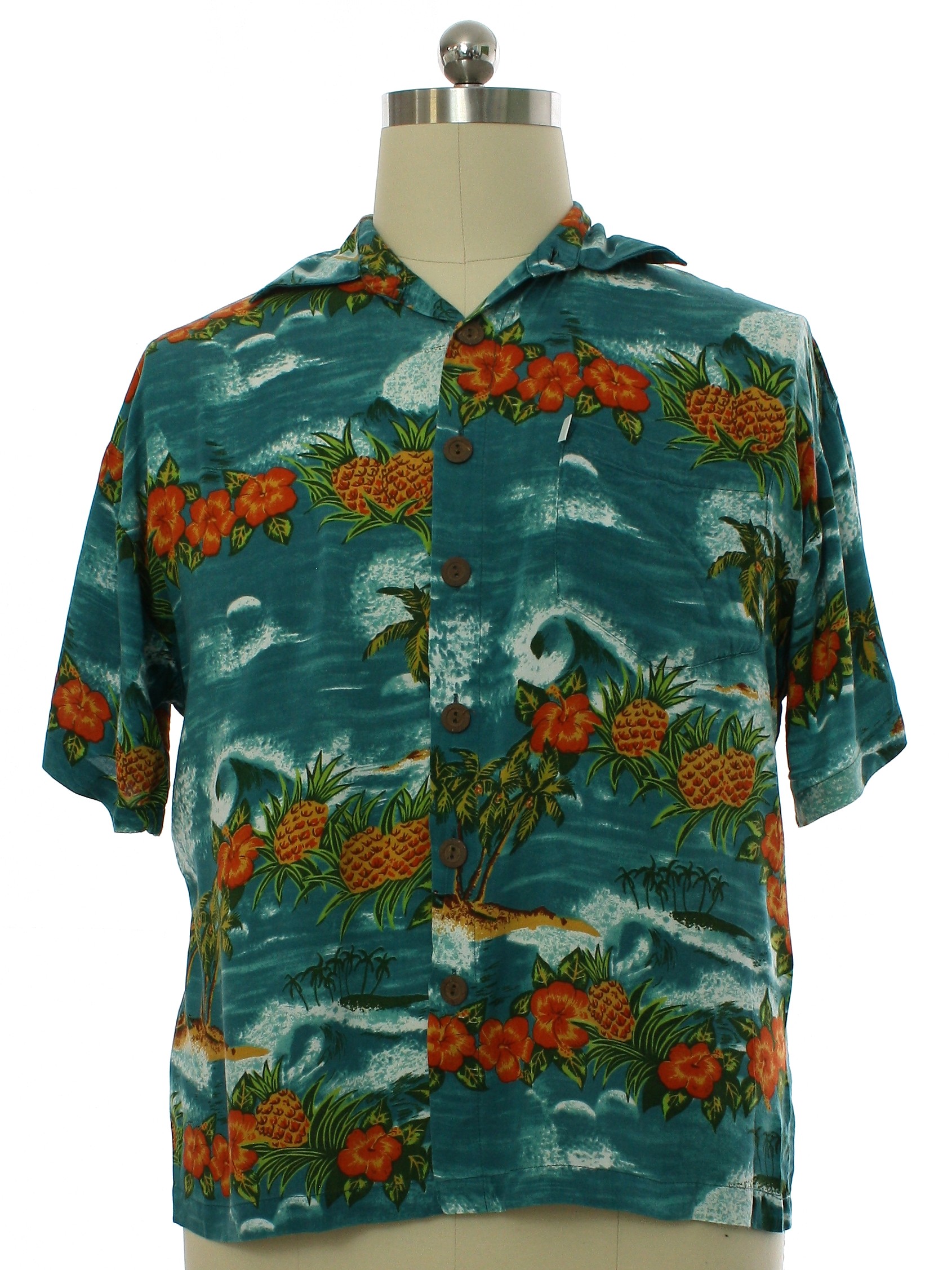 Vintage 1990's Hawaiian Shirt: 90s or Newer -Pineapple Moon- Mens teal ...