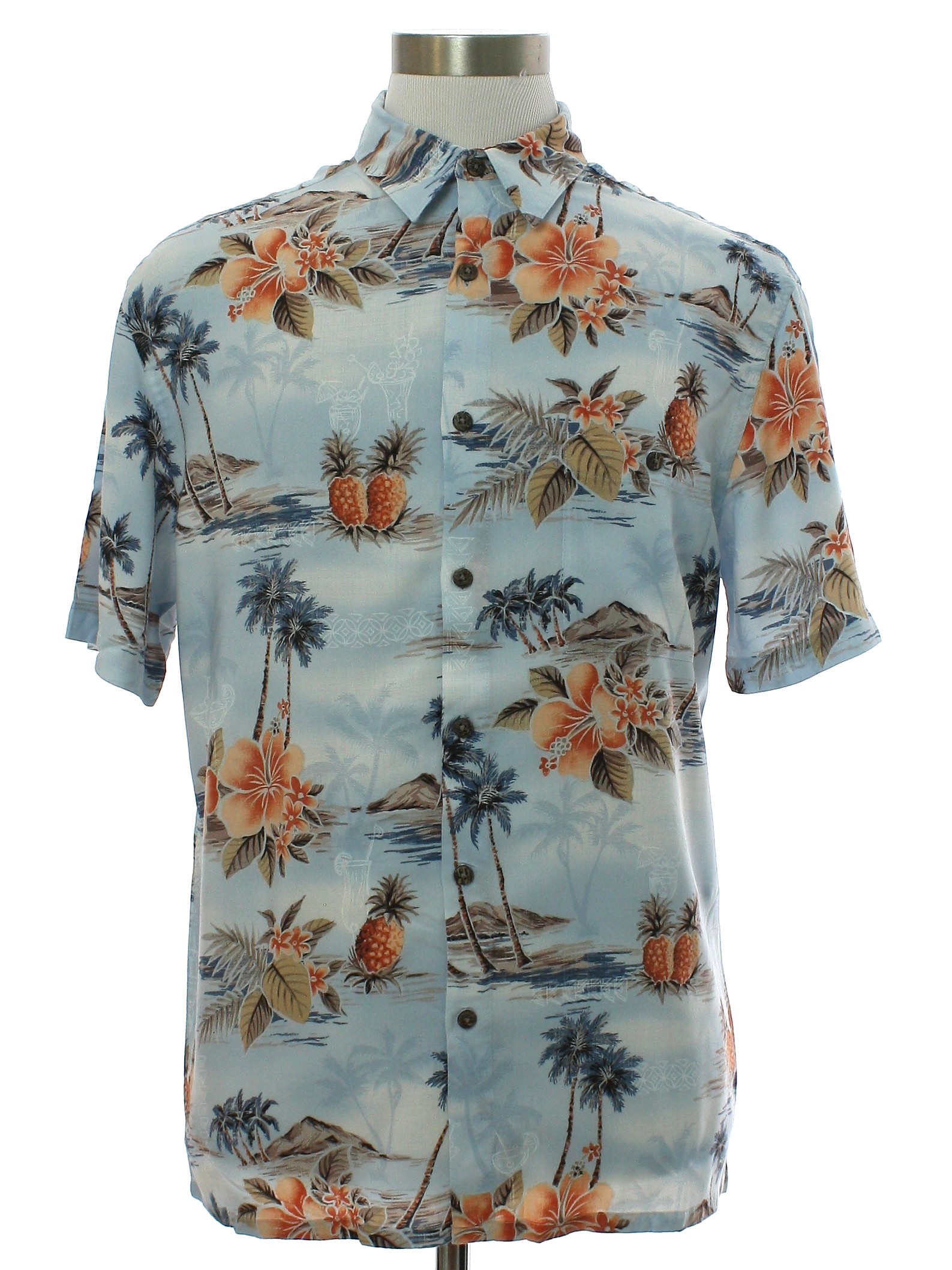 Hawaiian Shirt: 90s -Island Shores- Mens pale blue background, white ...