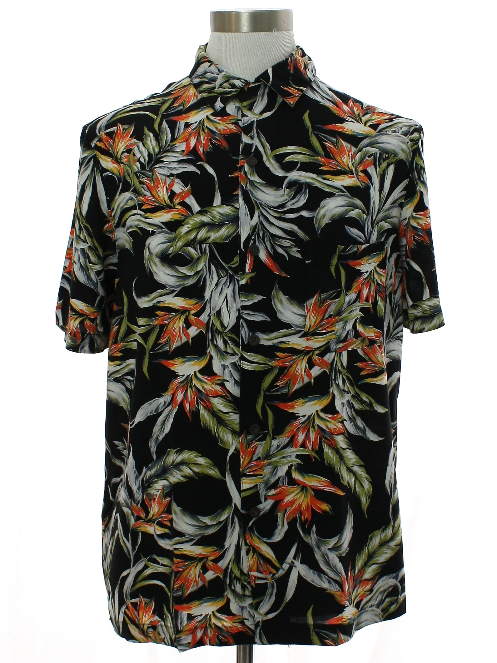 Hawaiian Shirt: 90s -George- Mens black background, white, orange, gold ...