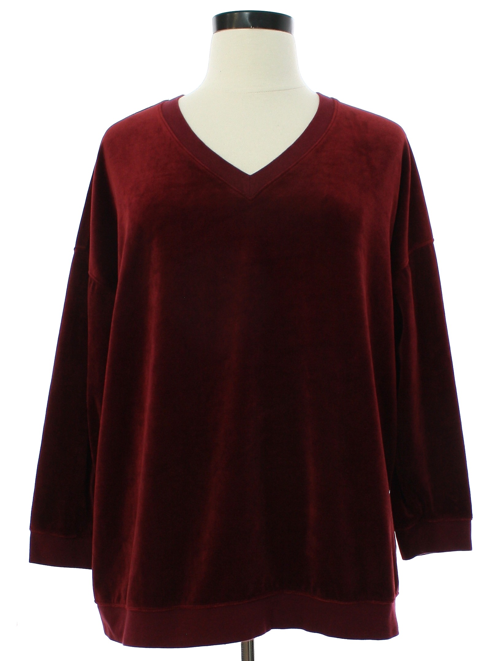 Shirt: 90s -Woman Within- Womens burgundy red background velour ribbed knit  cuff longsleeve pullover sweatshirt. Veed ribbed knit neckline, no pockets  and rib knit hemline.