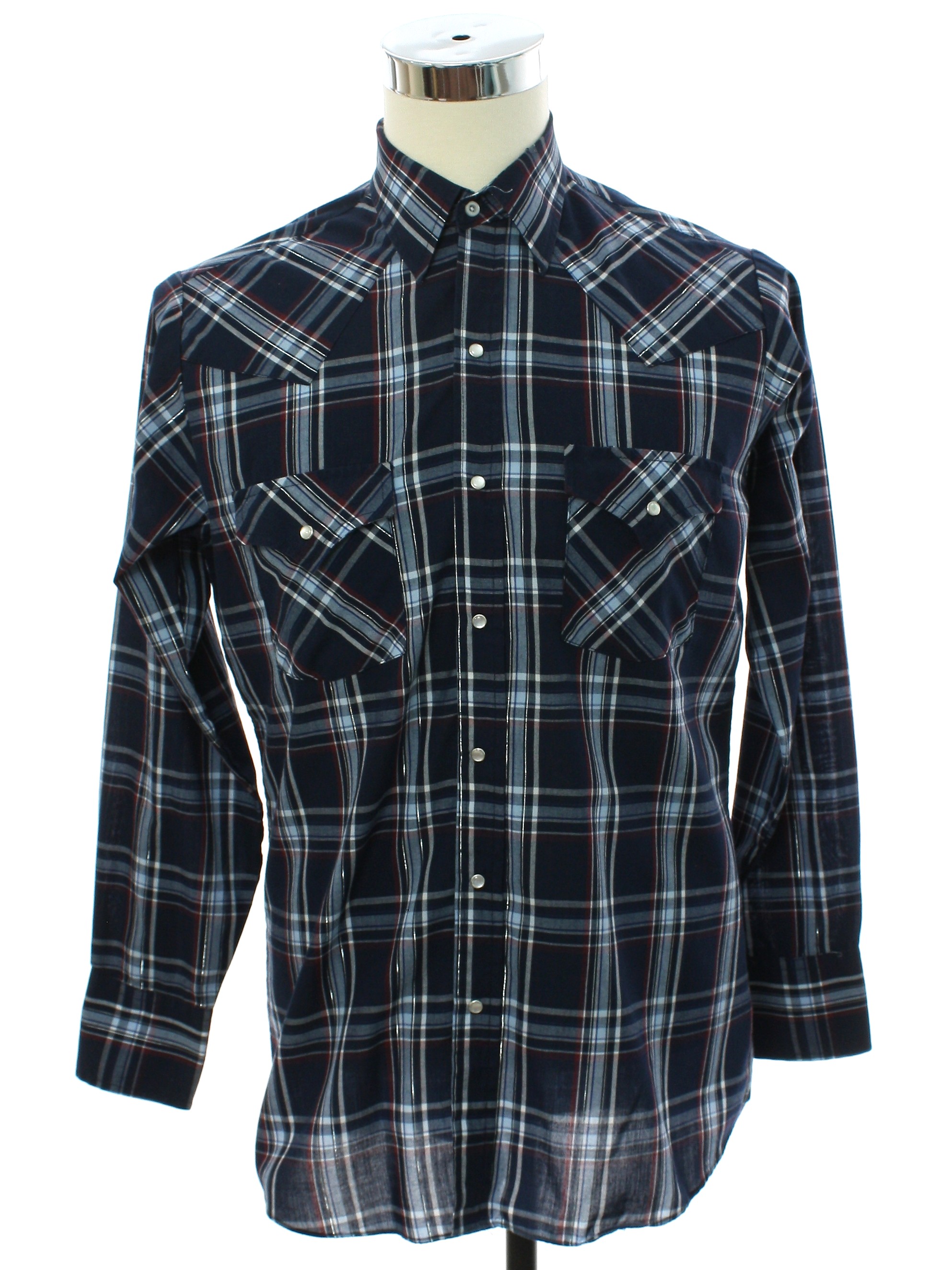 Western Shirt: 90s -Ely Cattleman- Mens navy blue plaid polyester ...