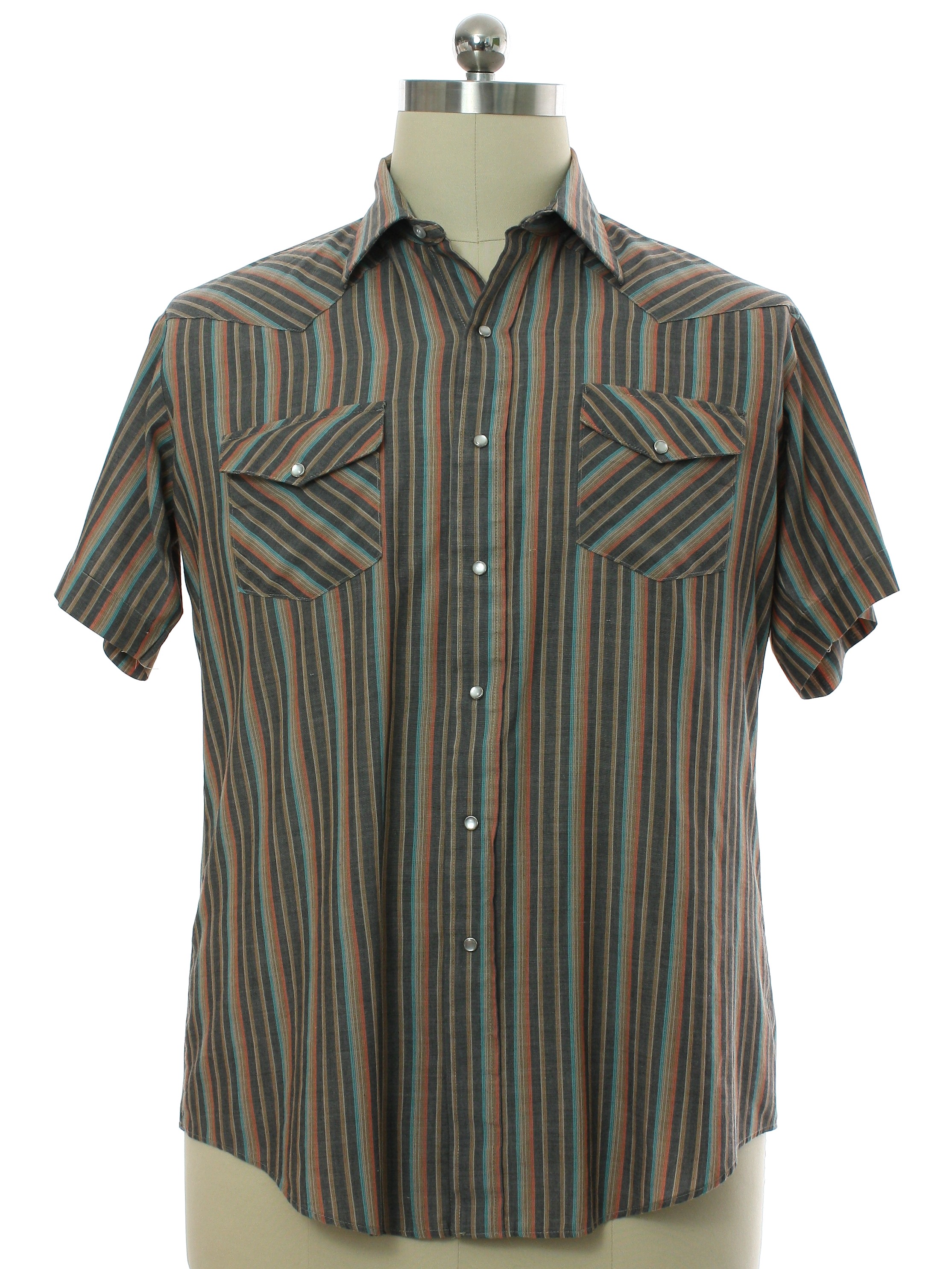 Western Shirt: 90s -Karman- Mens gray, coral, tan, and aqua blue ...