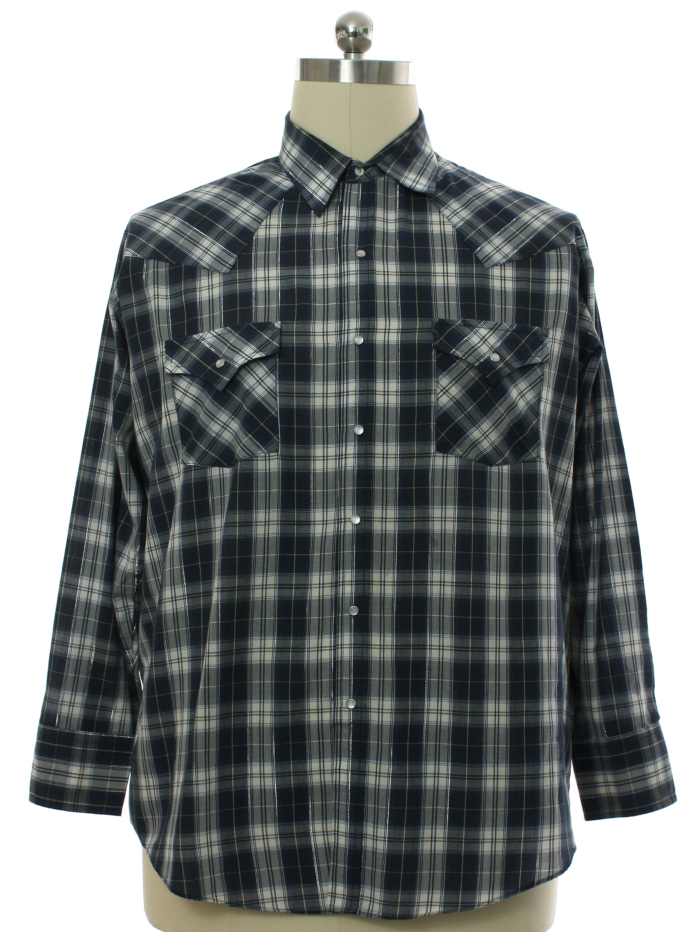 Western Shirt: 90s -Plains Western Wear- Mens navy, ivory, gray, and ...